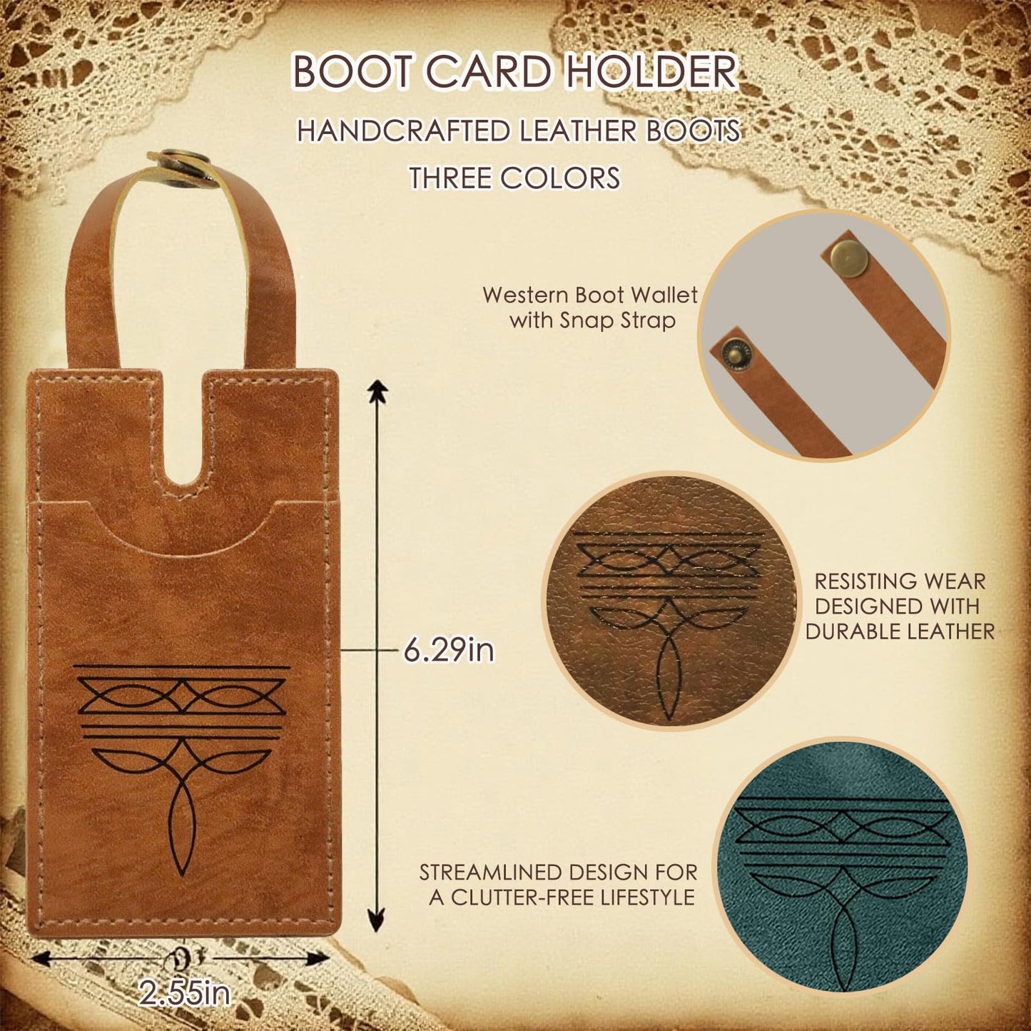 SNYVVEX 3pcs Western Boot Wallet with Snap Strap –Leather Card Holder for Cowboy Boots | Handcrafted Slim Wallet for Women & Men | RFID Blocking Cash Strap Pocket Credit Card Holder (Three colors)