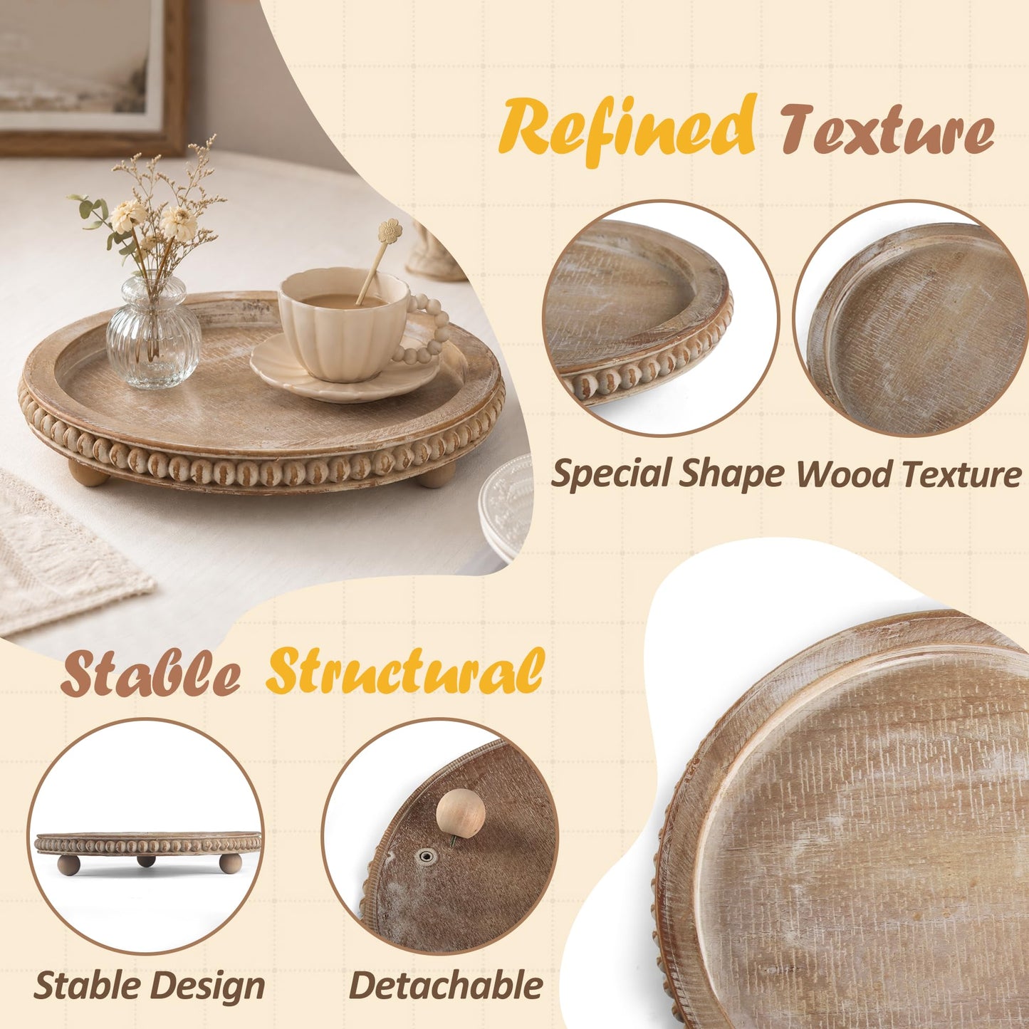 Round Decorative Tray for Coffee Table, Natural Wood Beaded Tray with Detachable Legs, 11.87" Farmhouse Rustic Serving Tray for Living Room, Ottoman, Kitchen Counter, Dining Table Decor