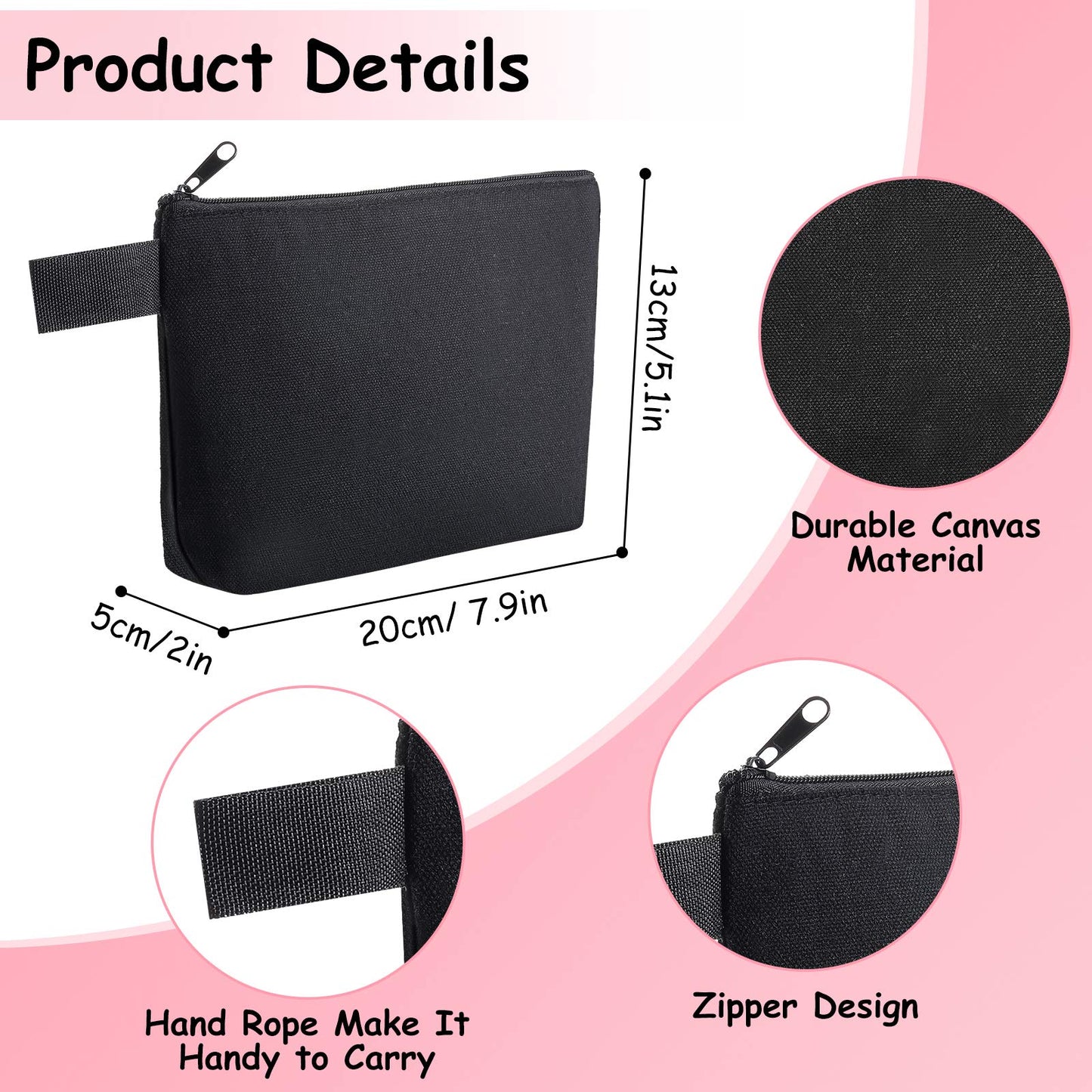 Weewooday 12 Pieces Blank Canvas Makeup Bags with Bottom Handle Bulk Sublimation Blank Zipper Makeup Pouch Canvas Cosmetic Bags for Women Student DIY Craft Travel Toiletry Pencil(Black)
