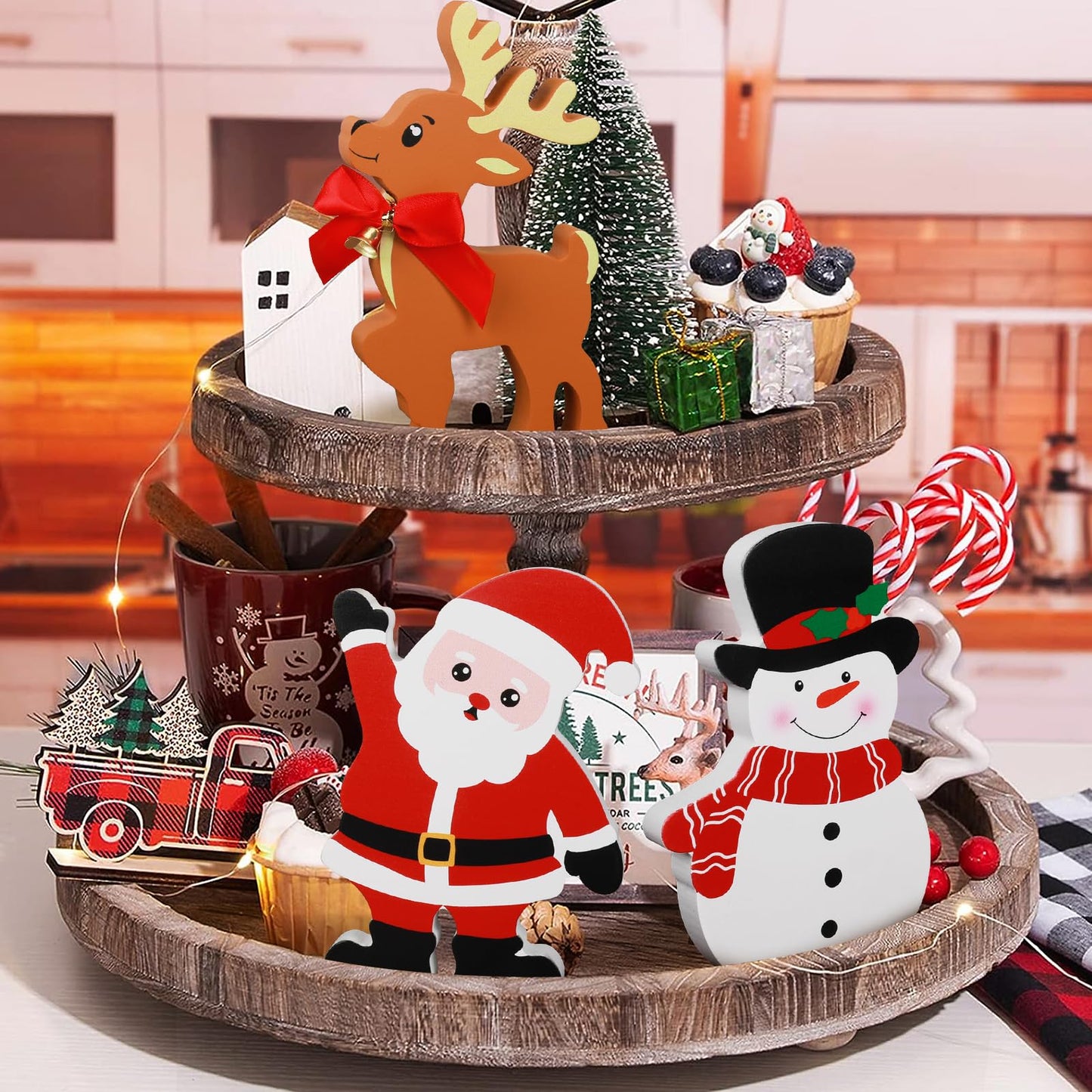 COCHIE Snowman Christmas Decorations Indoor, Cute Winter Tiered Tray Decor Set of 3, Wooden Snowman Blocks Xmas Table Decoration for Party Home Office Shelf Door (Santa Claus Reindeer)
