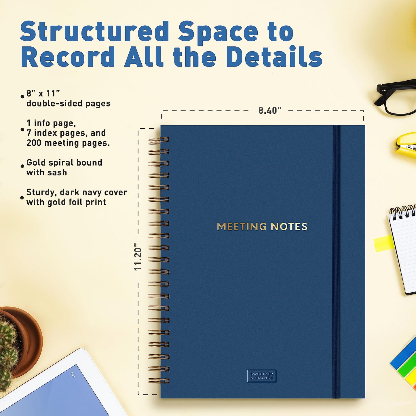 S&O Large Meeting Notebook for Work - Professional Organizer Planner - Corporate and Conference Notes Journal - Project Discussion Notepad - 208 Pages Writing Pads, 8.4”x11.2”