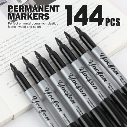 Yocfon Permanent Markers Bulk, 144 Count Black Permanent Markers Set, Fine Tip, Waterproof Markers, Works On Plastic, Wood, Stone And Metal For Doodling, Marking