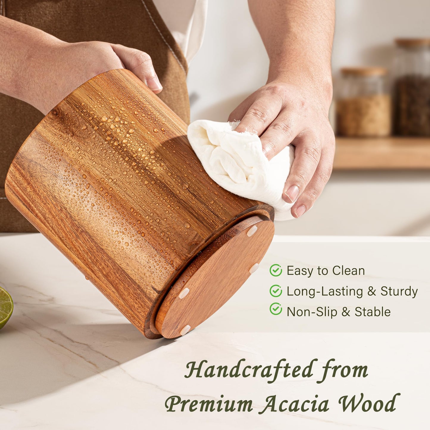 Criusia Utensil Holder 3 Pack, 360° Rotating Acacia Wood Cooking Utensil Crocks for Kitchen Counter, Farmhouse & Modern Decor, (1 Large, 1Medium, 1 Small)