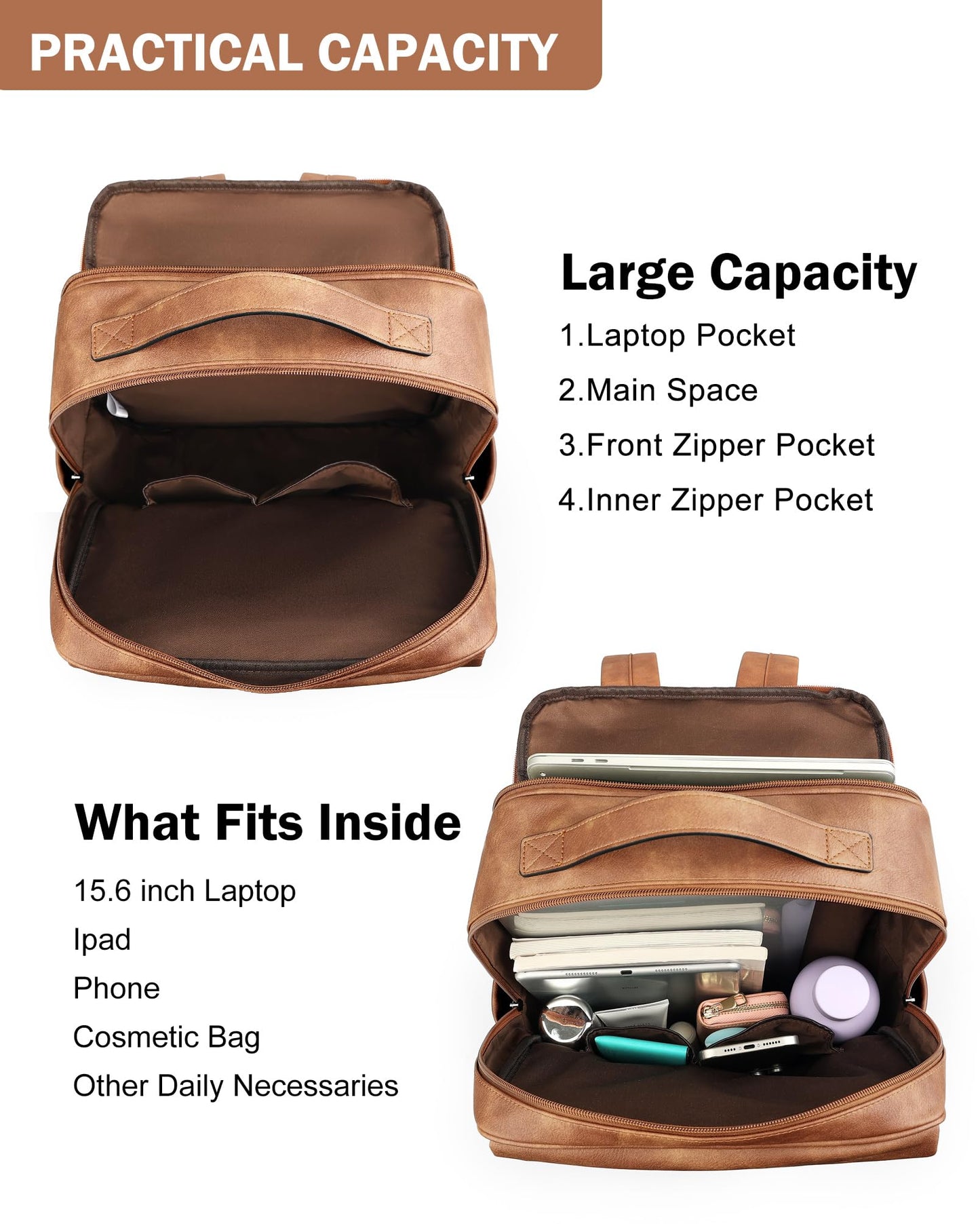 MASINTOR 15.6 inch PU Leather Laptop Backpack Purse for Women, Large College Casual Backpack Travel Bag Mocha Brown