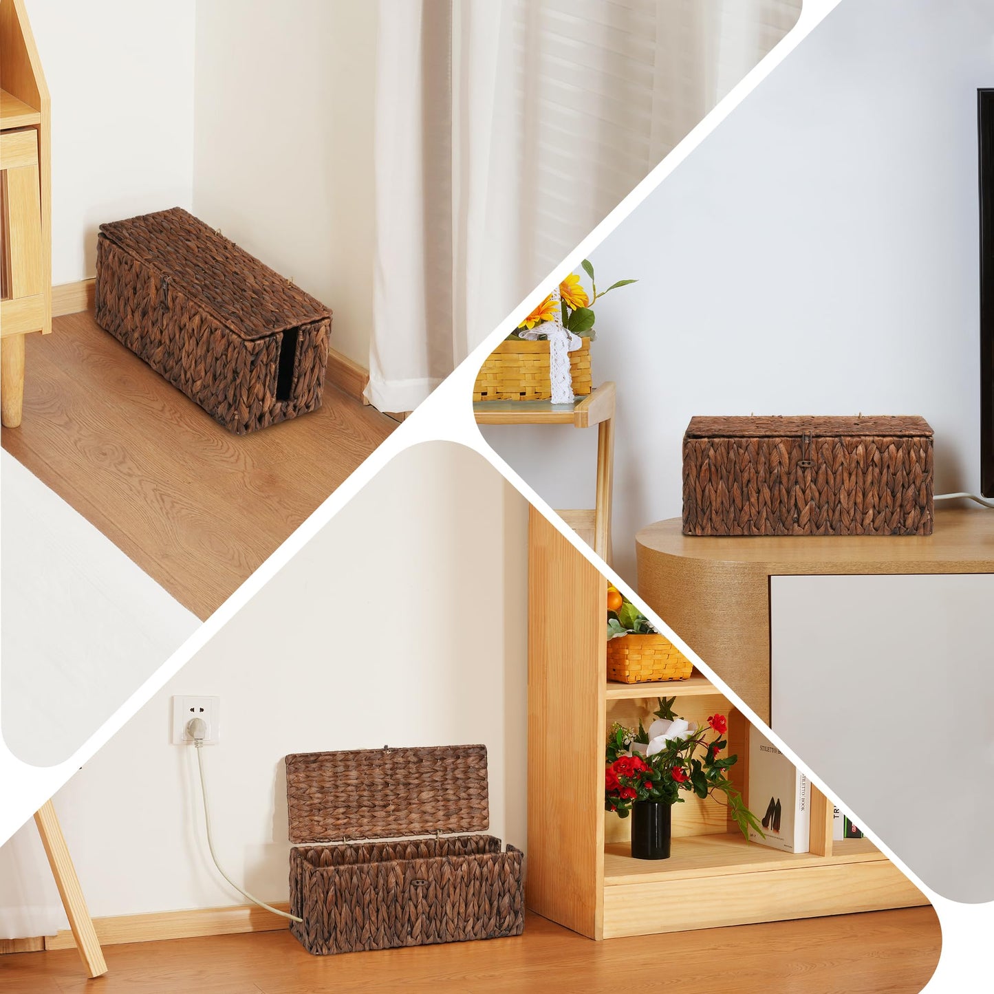 efluky 2 Pack Hand-Woven Cable Management Boxes, Water Hyacinth Cord Organizer Box with Lid, 2 Open Slots Cable Organizer Basket to Hide Power Strip and Charger for Home & Office and Dorm,Brown