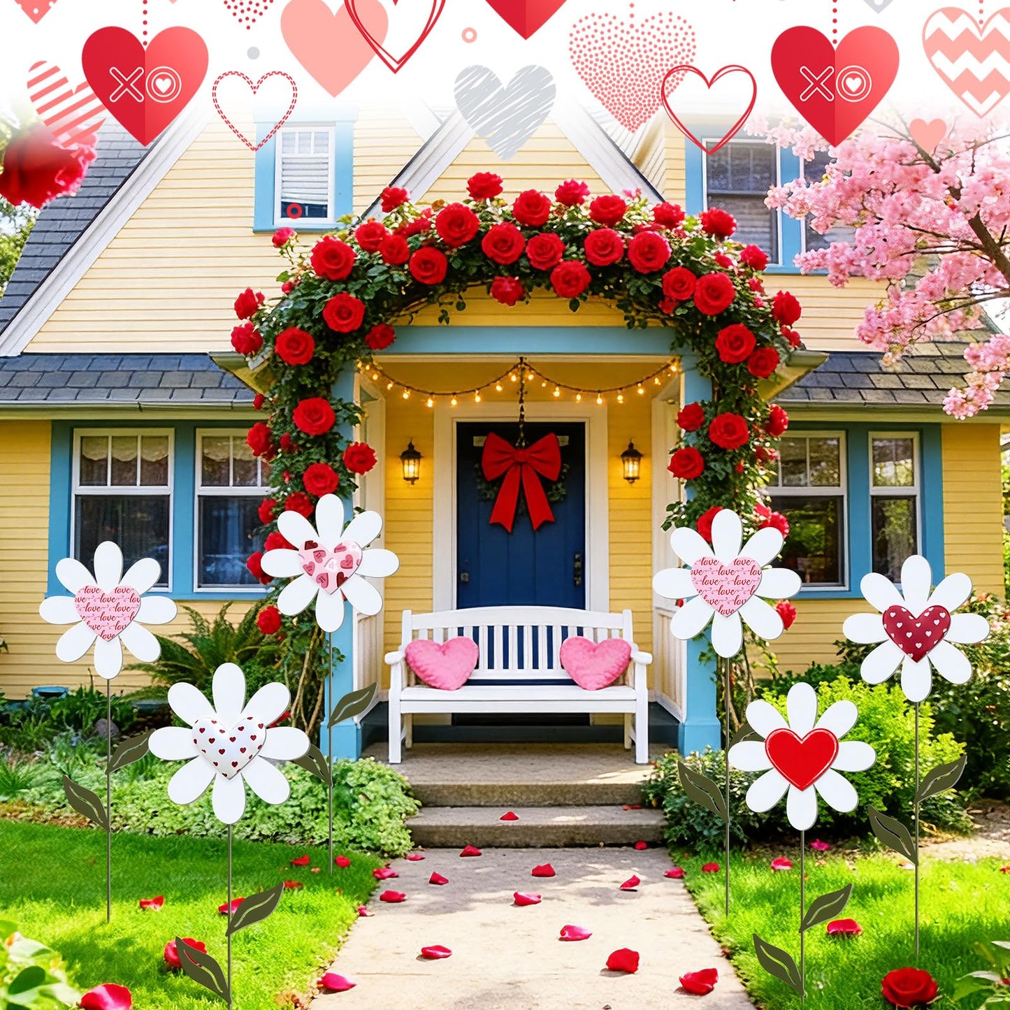 Nuanchu 5 Pcs 27.4" Metal Spring Flower Yard Signs Heart Yard Sign Stake Waterproof Floral Heart Lawn Signs Spring Outdoor Decorations for Mother's Day Outside Garden Patio Pathway Home Decor