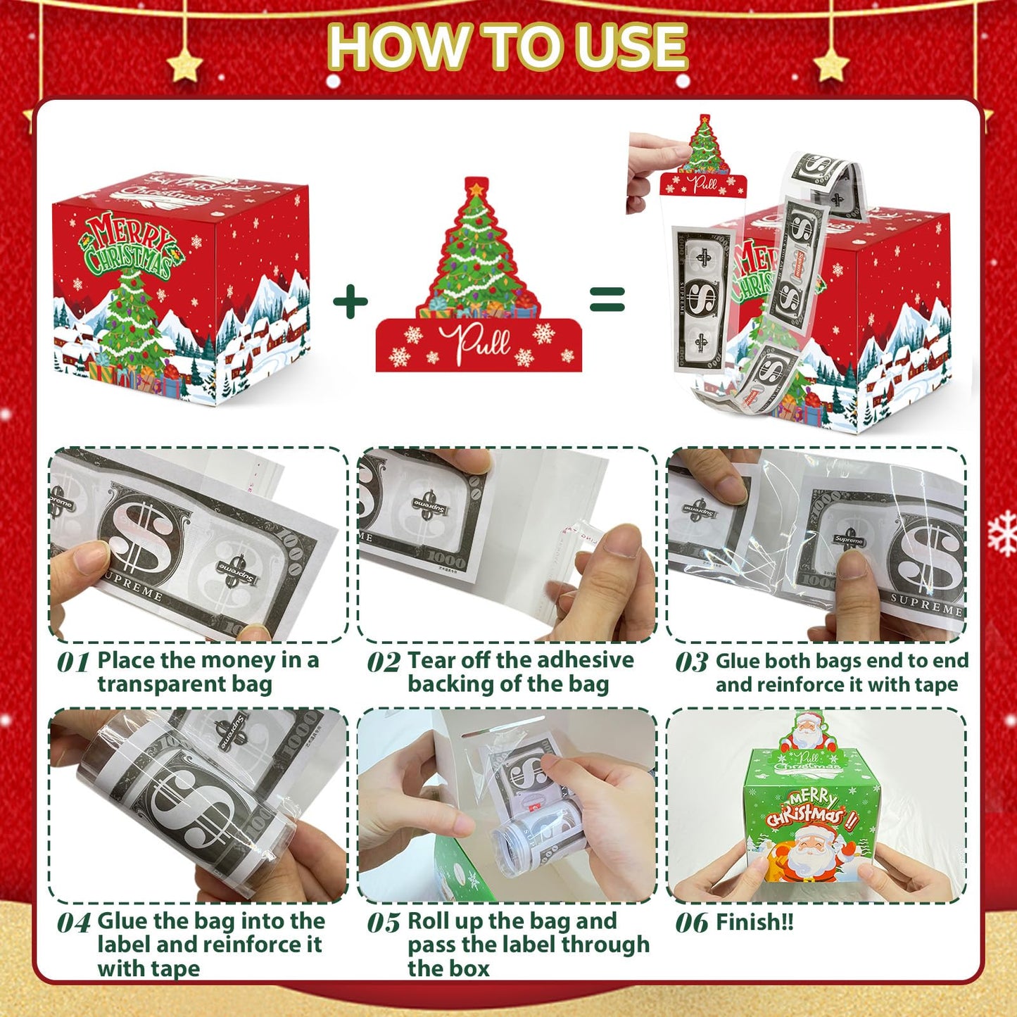 4 Pack Christmas Money Box for Cash Gift Pull,Christmas Tree & Snowman & Santa & Elk Money Gift Boxes for Cash with Pull Out Card DIY Set Surprise Merry Box (Cute Christmas)