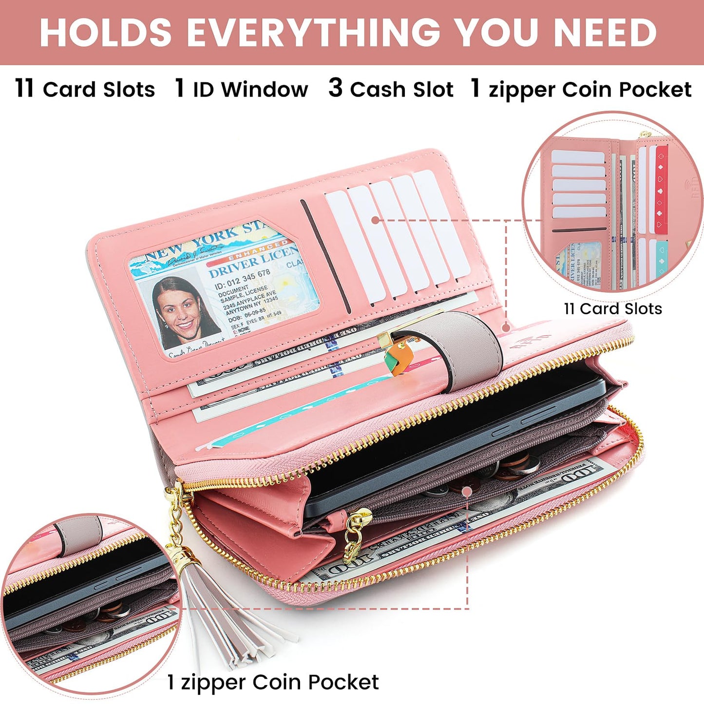 Pomelo Best Womens Wallet RFID Blocking Wallet for Women Bifold Large Capacity Card Holder Ladies Long Purse with ID Window Zipper Coin Pocket