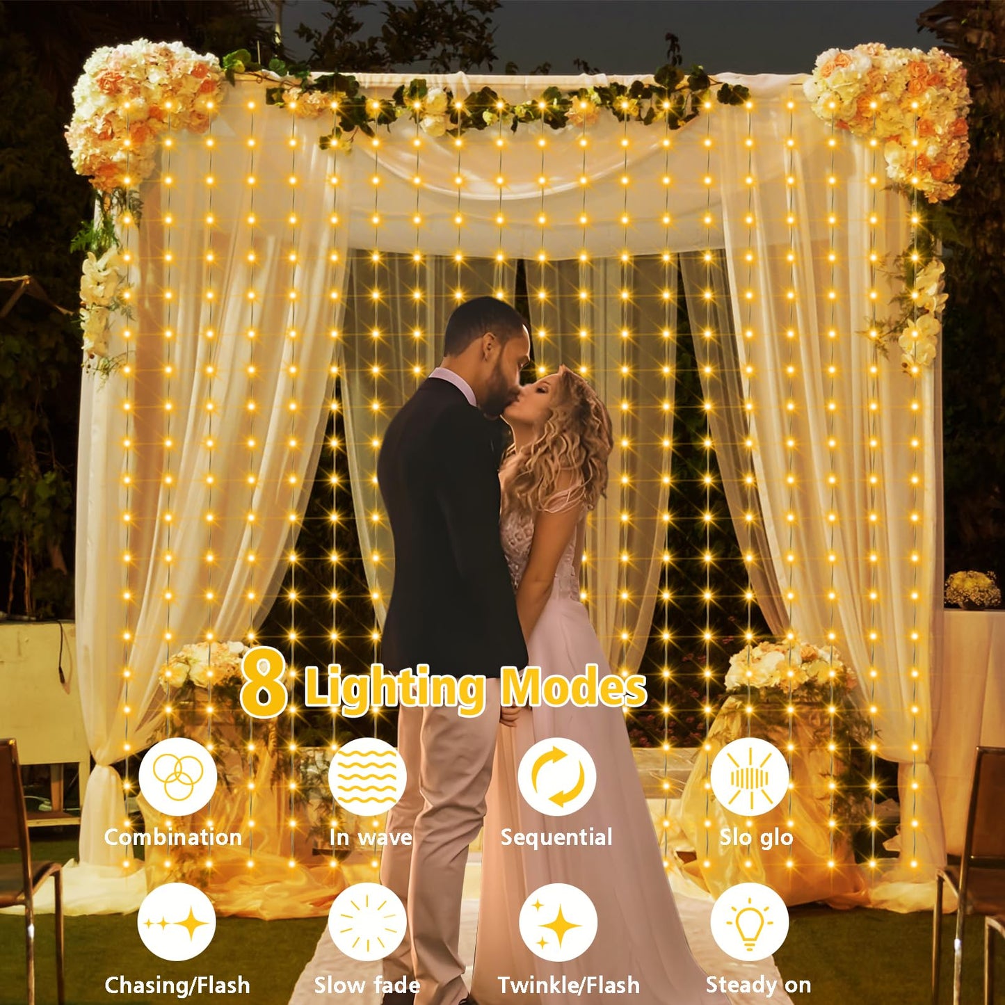 echosari Solar Curtain Lights 7.9ft x 6ft 144 LED Outdoor Curtain Lights Waterproof with Timer 8 Modes for Christmas Garden Patio Fence Wedding Wall Window Gazebo Decor - Warm White