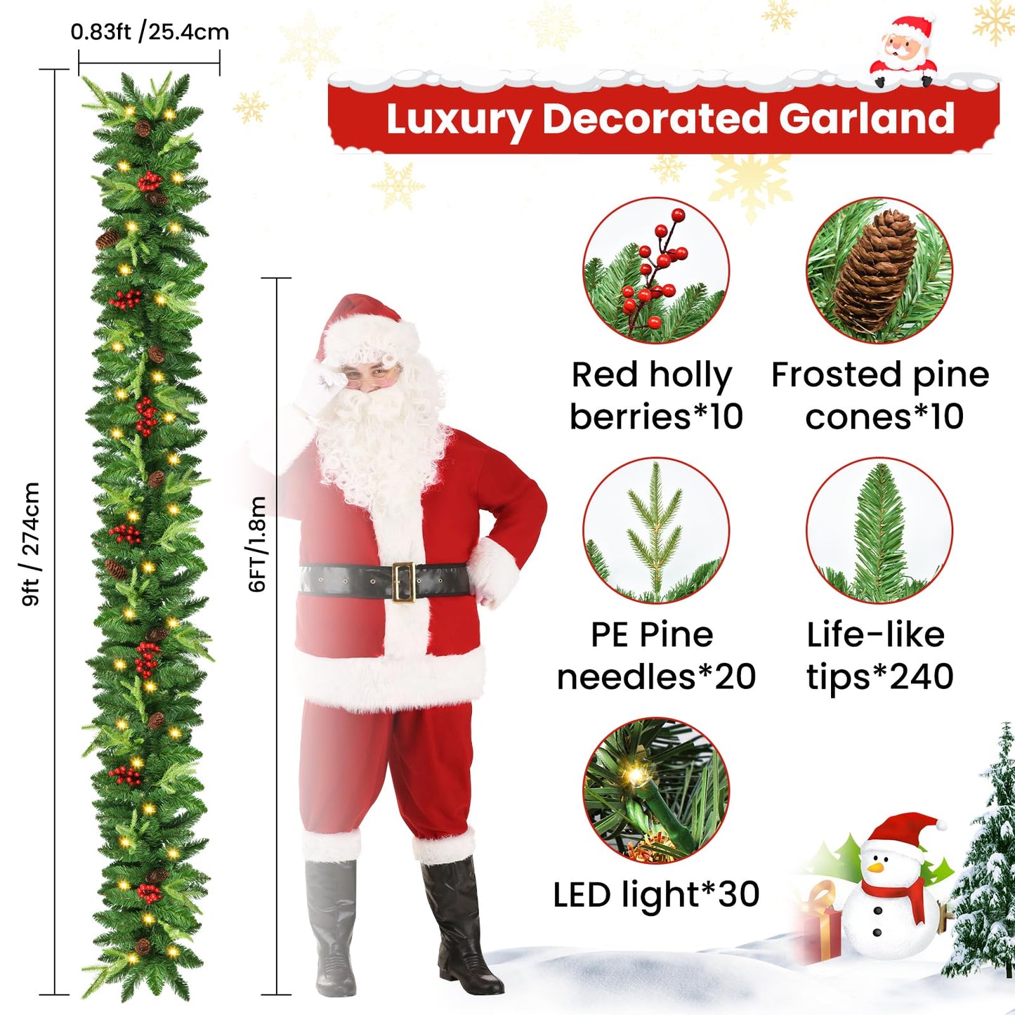 Christmas Garland, 9ft Pre-Lit Christmas Garland with Lights, Battery Operated with Pine Cones & Red Berries, Artificial Christmas Greenery for Mantle, Staircase, Doorway, Indoor Outdoor Decorations