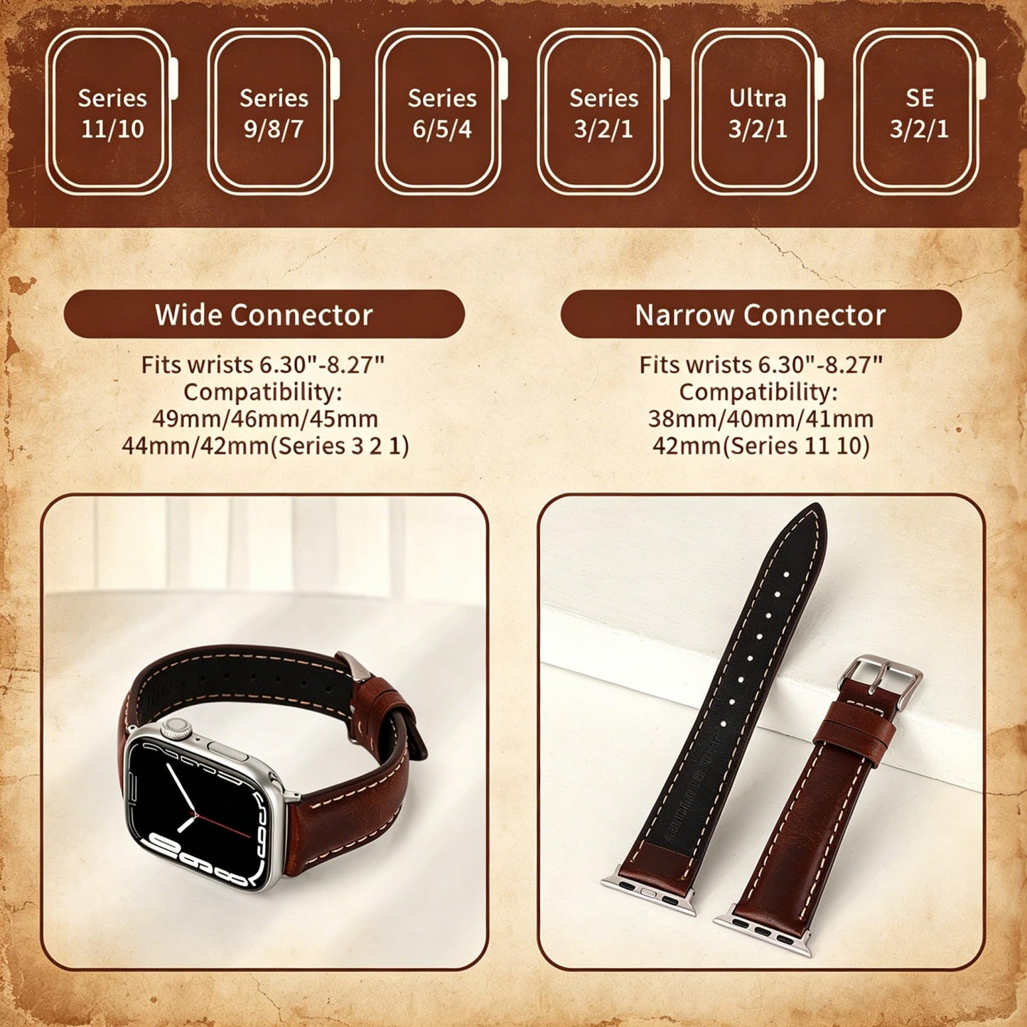 Vintage Full-Grain Genuine Leather Band Compatible with Apple Watch 42/44/45/46/49mm, Men Women Classic Business Dressy iWatch Strap for Series 11 10 9 8 7 6 5 4 Ultra SE 3 2 1, Dark Brown