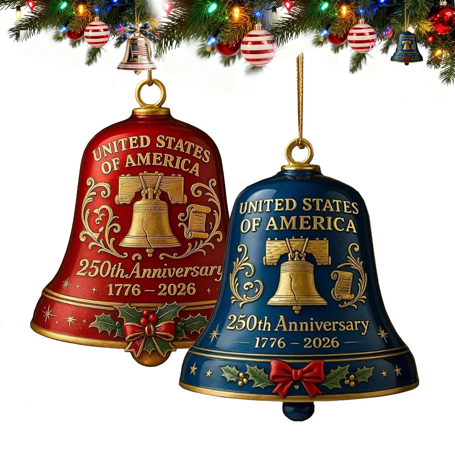 2pc 250th Anniversary USA Bell Ornament for 4th of July Decorations, 2D Acrylic 250 Anniversary Merchandise, America 250th Birthday Gifts, 250th Patriotic Decorations for Holiday Ornament Gift Bulk