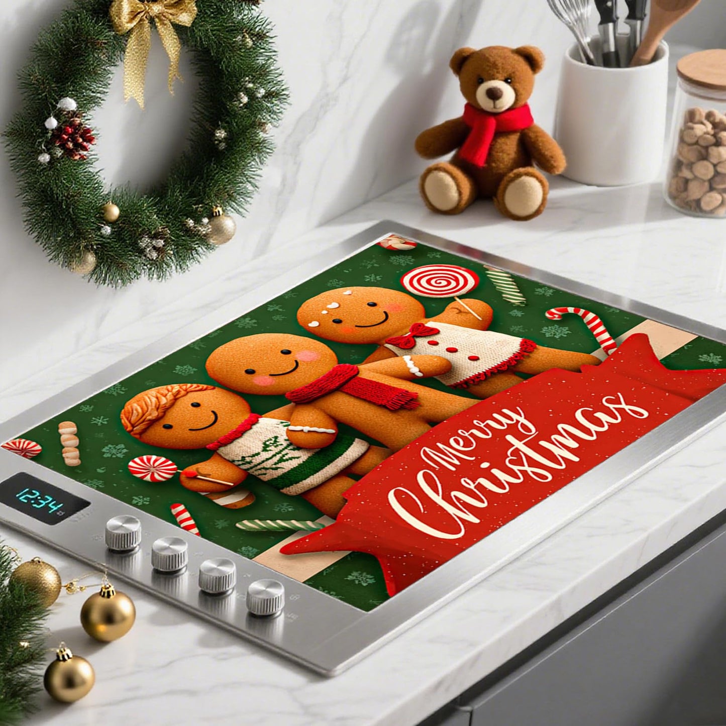 Nuxovilar Christmas Stove Top Cover 28.35×20.47 Inch – Gingerbread Man Design for Holiday Kitchen Decor – Festive Stove Burner Cover, Polyester & Diatom Mud Blend
