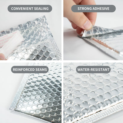 50 Pack 10x12 Inch Thermal Insulated Bubble Mailers for Cold Shipping, Metallic Silver Foil Padded Envelopes, Self-Seal Water-Resistant Cushioned Shipping Bags