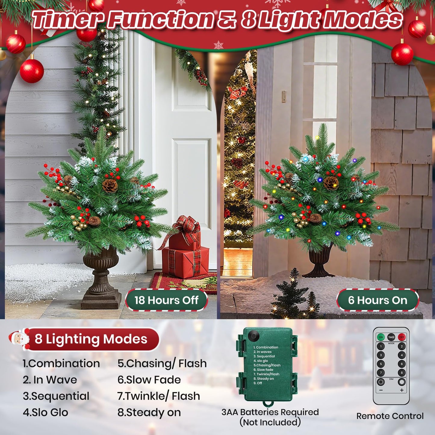 Set of 2 23.6 Inch Lighted Outdoor Christmas Tree Christmas Planter Filler with Remote, 8 Modes, Battery Operated Urn Filler Porch Decorations with Pine Cones, Red Berries for Pathway Yard Home Decor