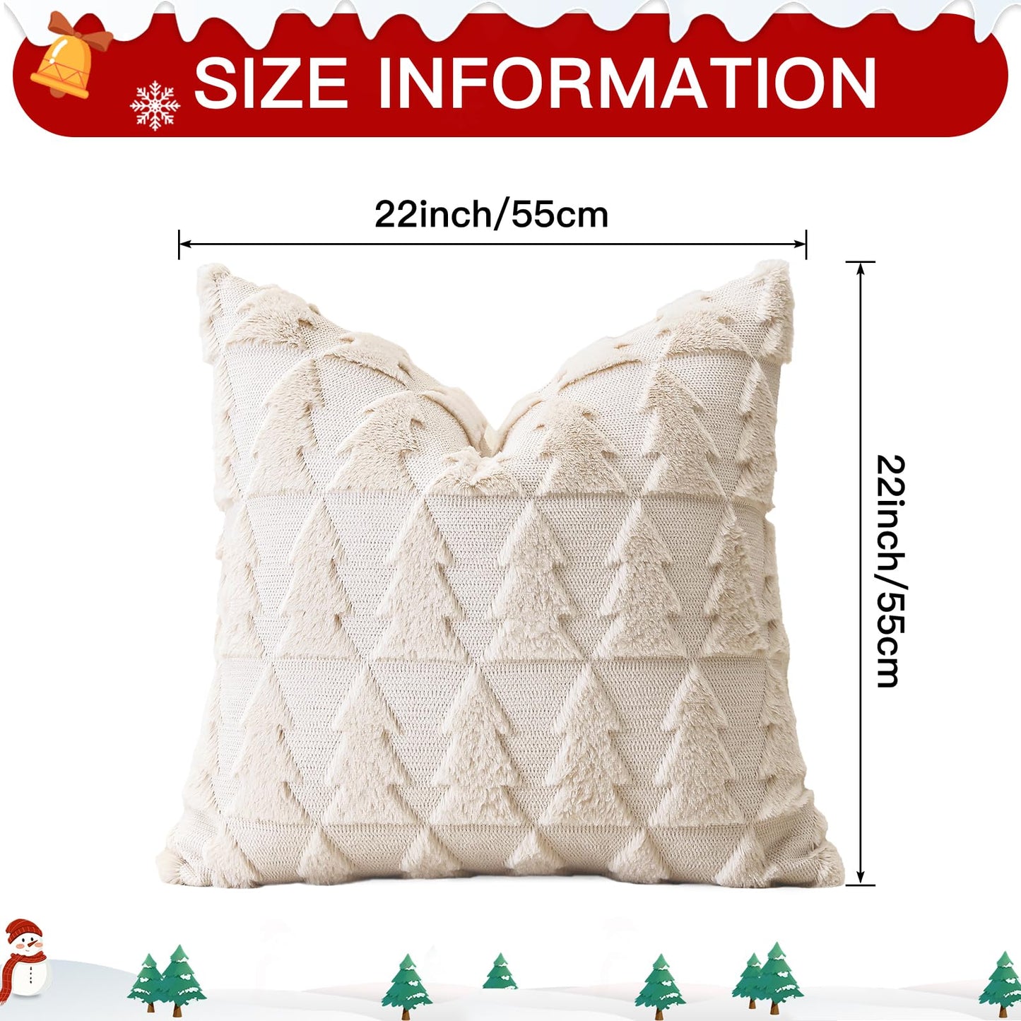 OTOSTAR Set of 1 Xmas Soft Plush Short Wool Velvet Decorative Throw Pillow Covers Square Luxury Style Cushion Case Pillow Shell for Sofa Bedroom Christmas Tree Cream Beige, 22x22 Inch