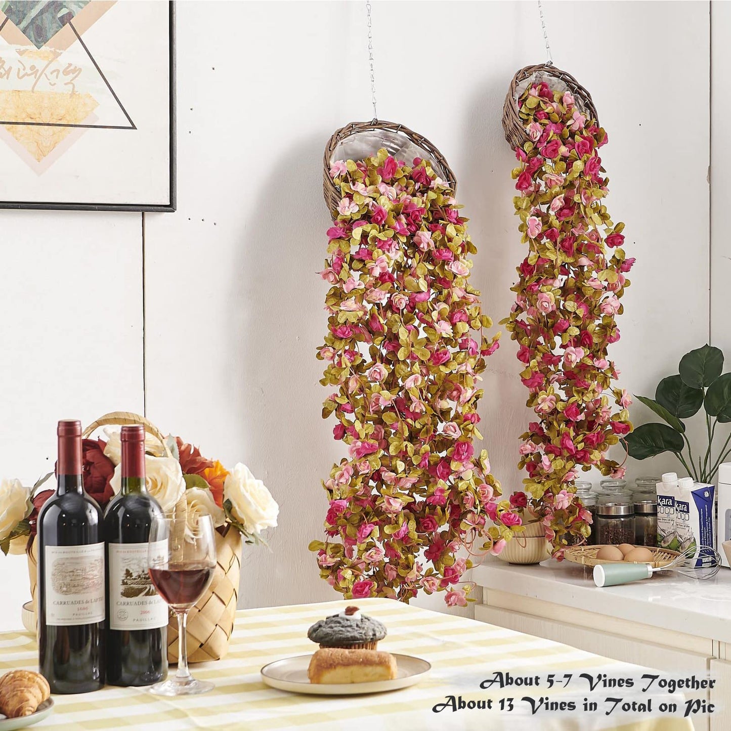 PONKING 8 Pcs x 8.2 ft Flower Garland Artificial Rose Vine Flowers with Green Leaves Hanging Fake Roses Vine for Room Party Home Wedding Birthday Christmas Wall Arch Decor, Fall Purple Flower