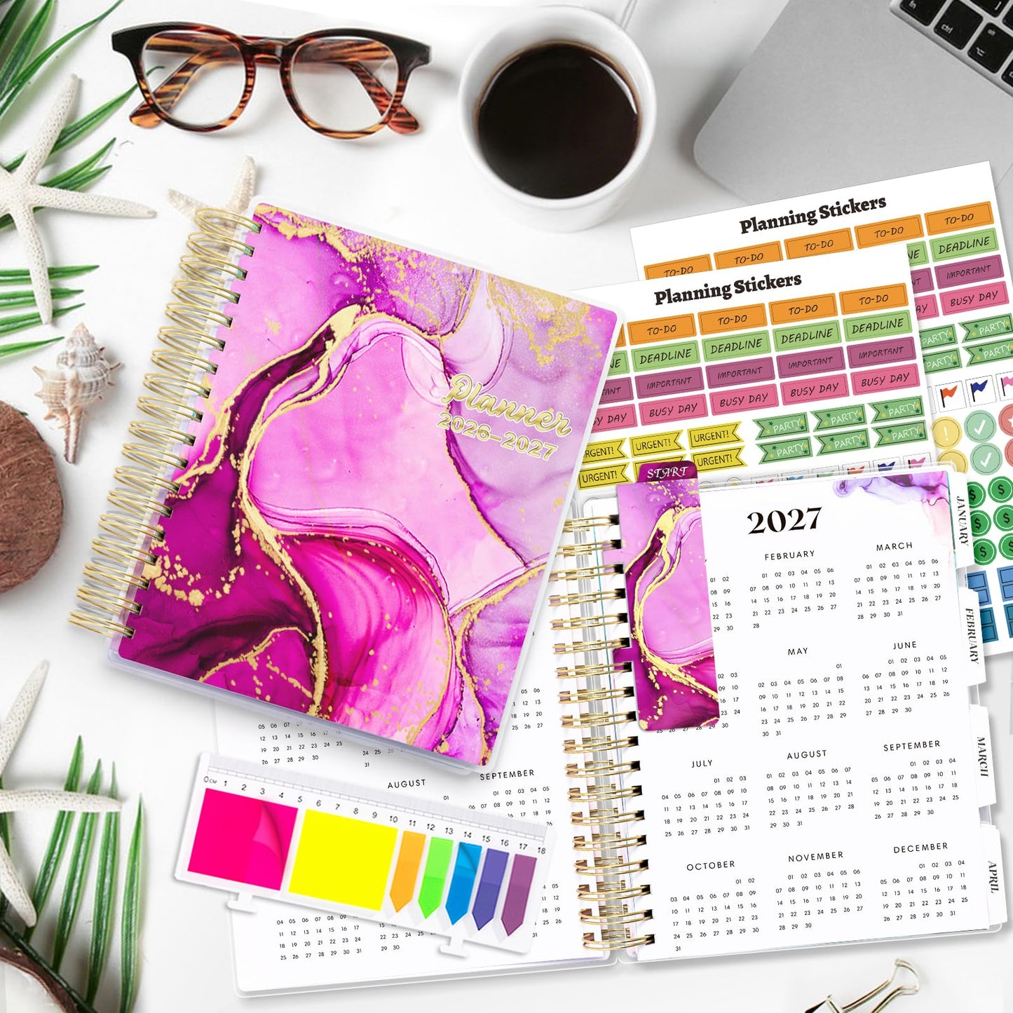 Planner 2026-2027, Large 18 Months Academic Daily Weekly Monthly Planner Yearly Agenda Jan. 2026–June. 2027, 7.9" x 9.8", Page Tabs, Separator Page, Pocket Folder, Bookmark, Stickers, Sticky Note Set