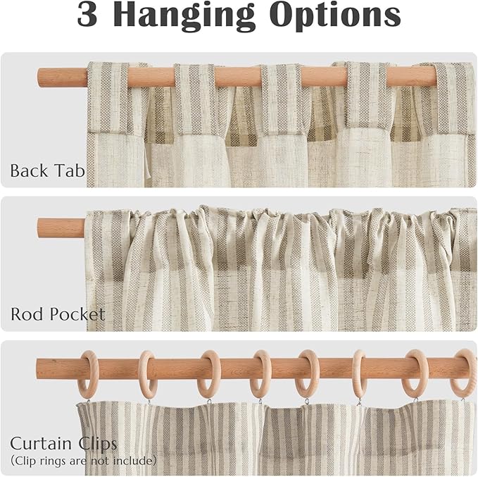 jinchan Striped Linen Kitchen Curtains 54 Inches Short Curtains Farmhouse Modern Cafe Style Window Treatments Airy Light Filtering Rod Pocket for Living Room Bathroom 2 Panels Taupe Grey