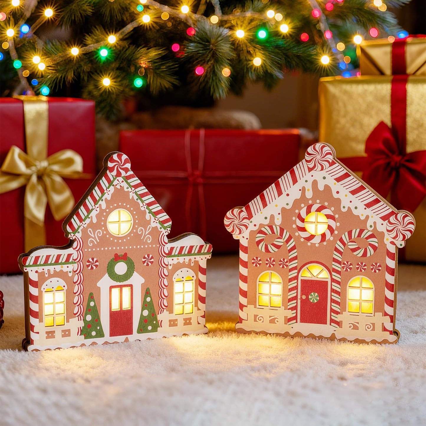 APUDWN 2 Pcs Lighted Gingerbread House Christmas Decorations, Lighted Wooden Village Set Centerpieces Battery Operated LED Gingerbread Decor for Home, Kitchen, Mantel, or Shelf Display, Gifts for Xmas