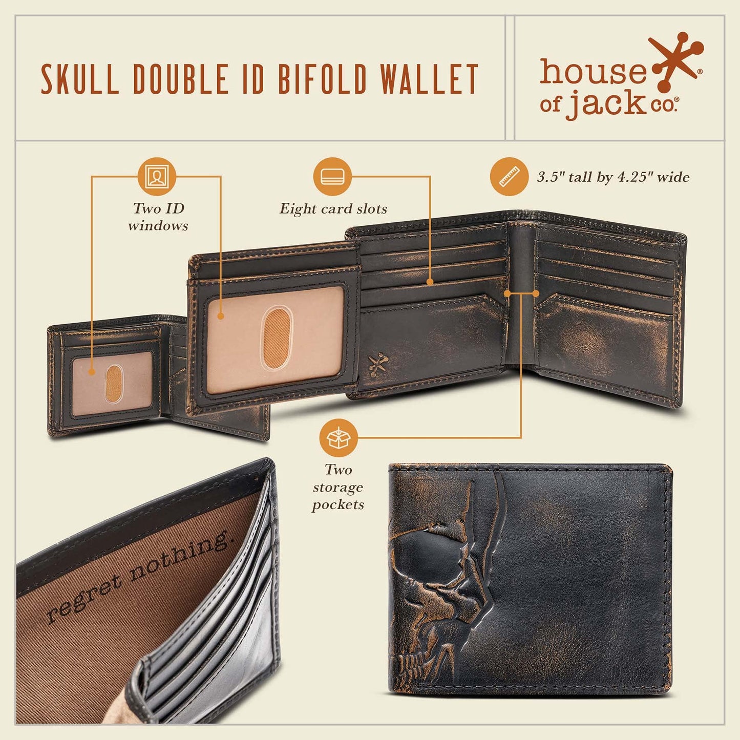 House of Jack Co. Skull Double ID Bifold Wallet for Men, Full Grain Leather Bifold Wallet, 2 ID Windows, 10 Card Slots, Skull Wallet, Black