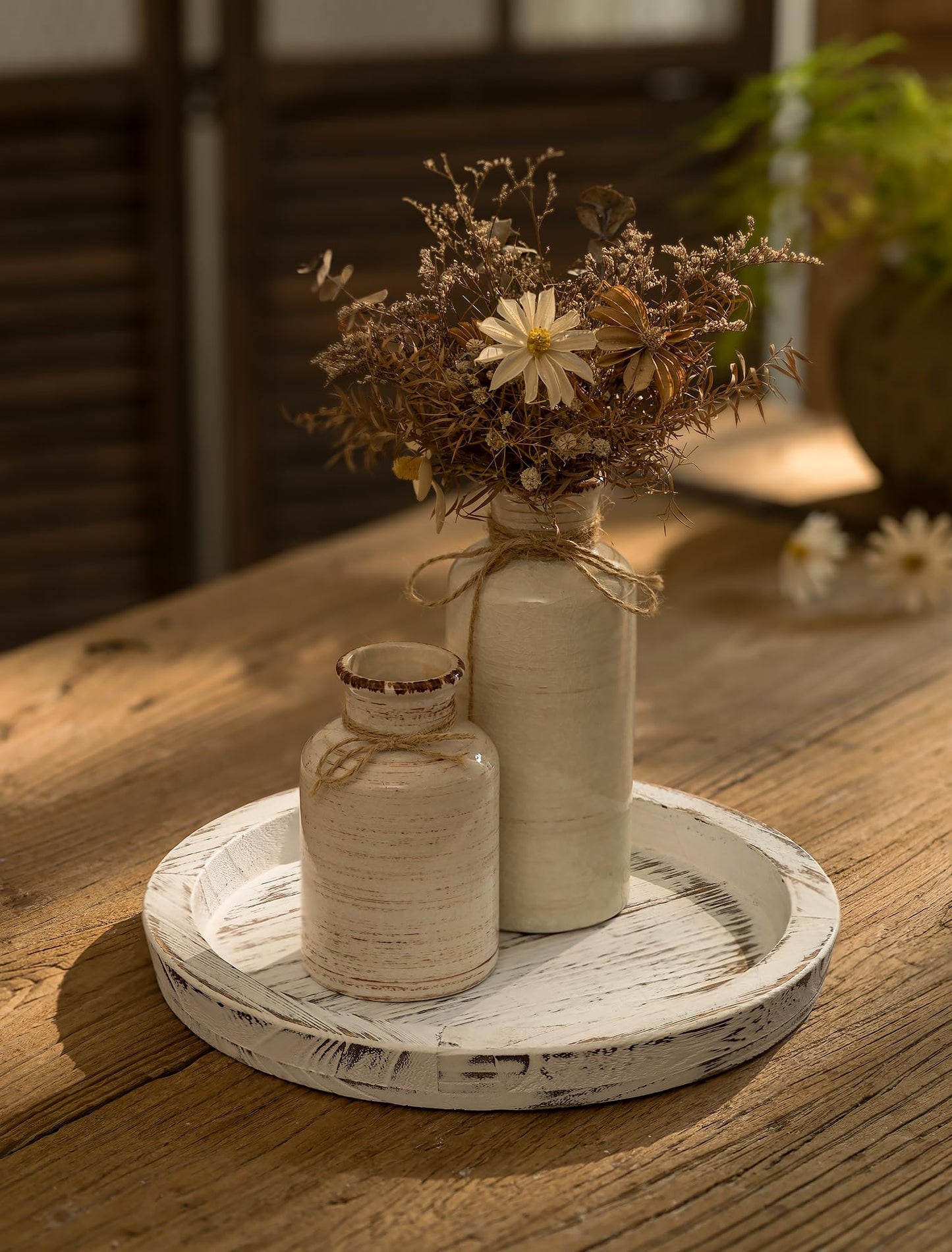 Hanobe Candle Plate Holder Tray: Round Wood Decorative Candle Plate - Rustic Farmhouse CoffeeTable Decor - Tealight Pillar Trays for Home Decor (White Rustic)