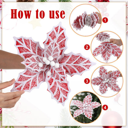 Daifunli 6 Pcs Large Christmas Gingerbread Poinsettia Flowers Tree Picks with Berries 10.6 Inches Christmas Tree Ornaments for Xmas Home Vase Decor(Gold and Red)
