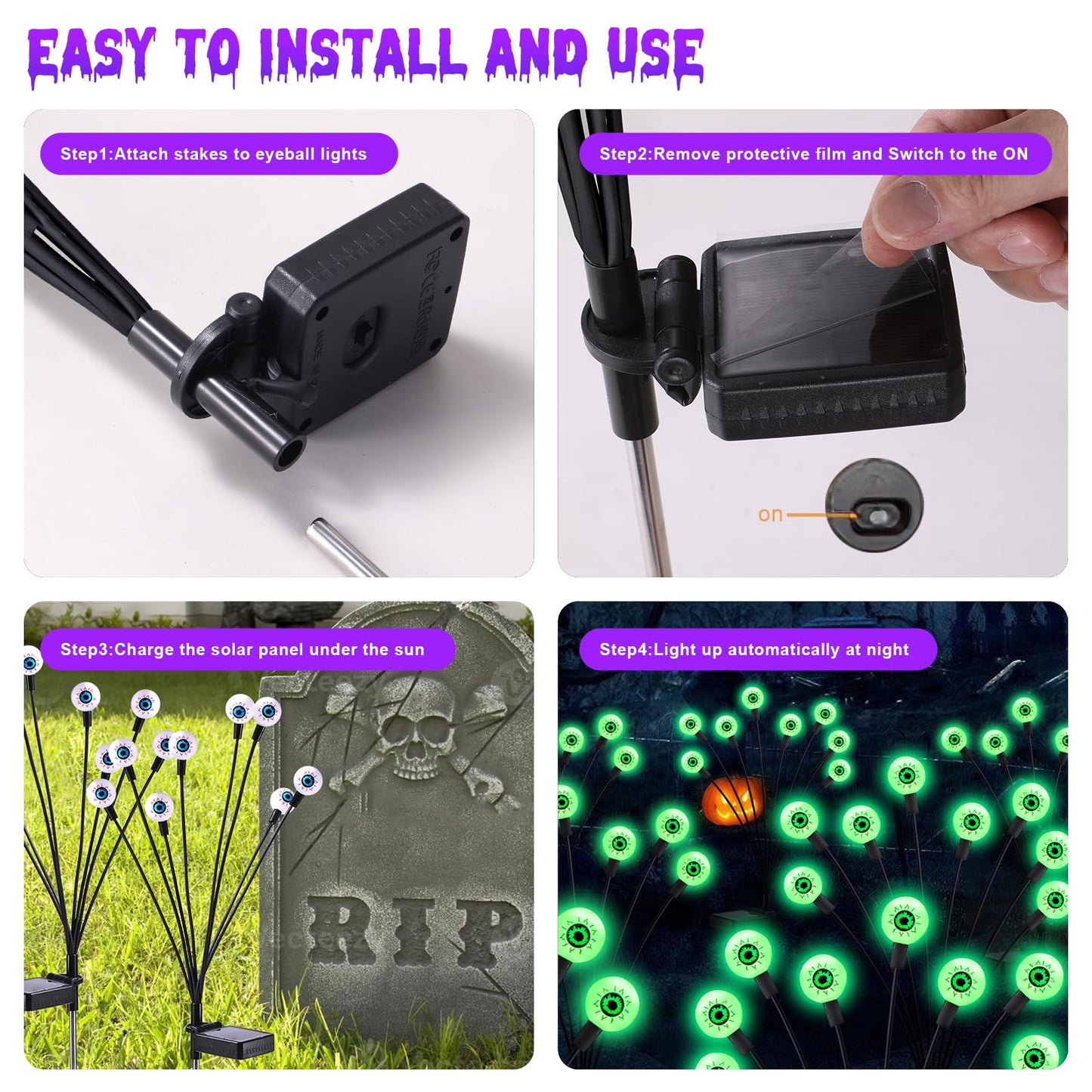 ASMAD Halloween Decorations Outdoor Solar Scary-Eyeball Lights, 4Pack 32LEDs Green Eyeball Swaying Firefly-Lights, Waterproof Solar-Path-Lights for Garden/Yard/Patio/Party Decor