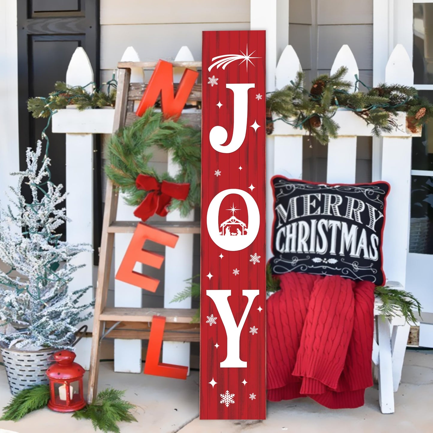 Christmas Porch Sign JOY 47" Winter Large Welcome Porch Sign Xmas Decor for Home Front Door Farm Yard Party Decor (Red)