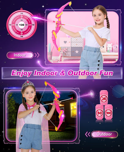 DUDUCOFU Kids Bow and Arrow Set Toys for Girls, LED Light Up Archery Bow Set with Princess Cape and Crown, 10 Suction Cup Arrows, Indoor and Outdoor Play Birthday Gift Toy for Kids Boys Girls