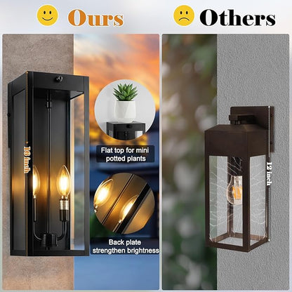 16” Dusk to Dawn Outdoor Lighting, 2 Pack Black Modern Porch Outside Lights for House 2-Light, Photocell Sensor Exterior Patio Coach Wall Lanterns Outside Garden Sconce Lamps Waterproof E12