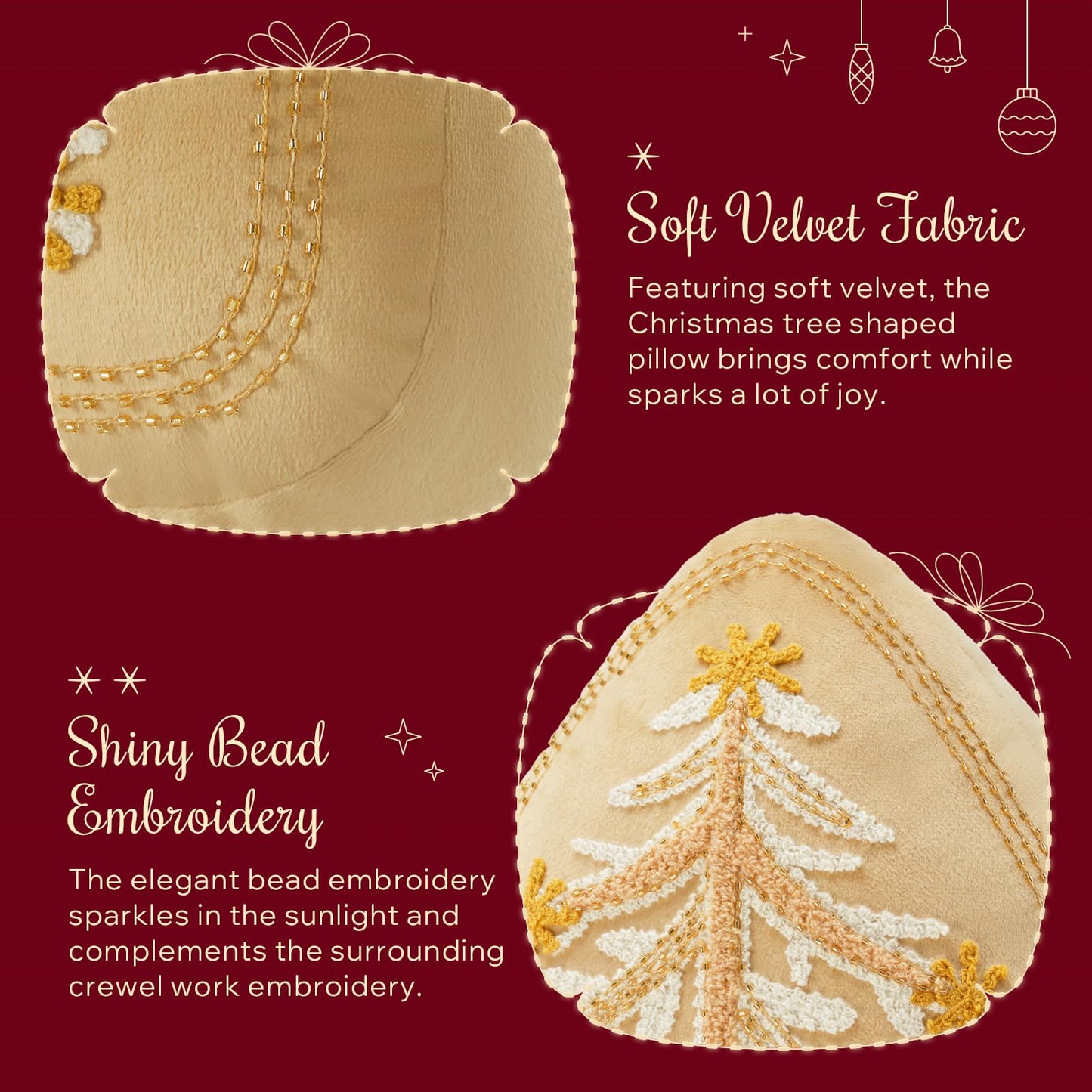 Phantoscope Merry Christmas Tree Decorative Throw Pillow, Velvet Beads Embroidery 3D Shaped Cushion, Suitable for Sofas, Living Rooms, and Beds, Beige, 18 x 14 in