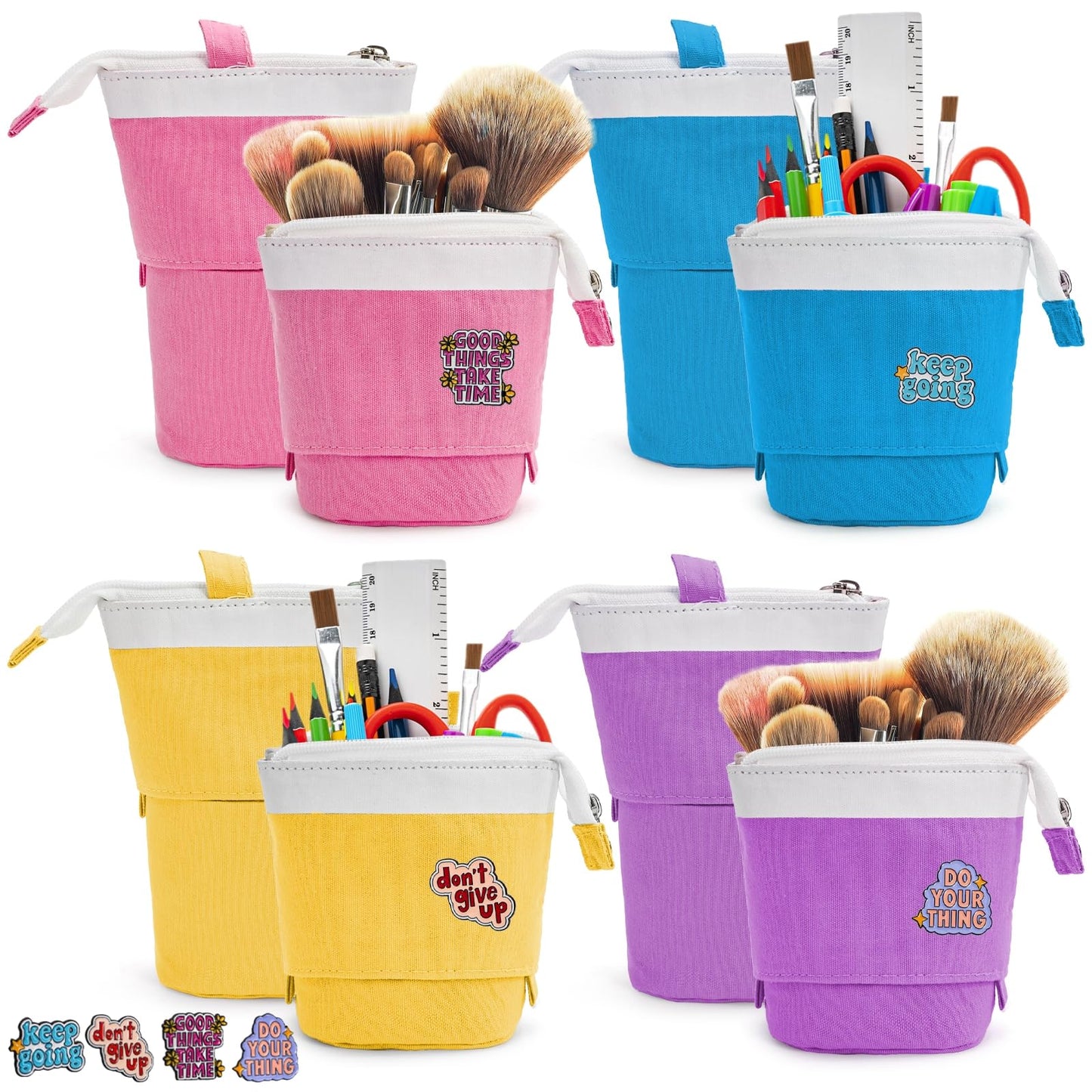 Nagpew 4 Pack Telescopic Pencil Case, Portable Standing Pen Pouch with Pins Zipper, 4 Colors Stand Up Stationary Holder Pop Up Make-up Bag for Pens, Cosmetics, Paintbrushes