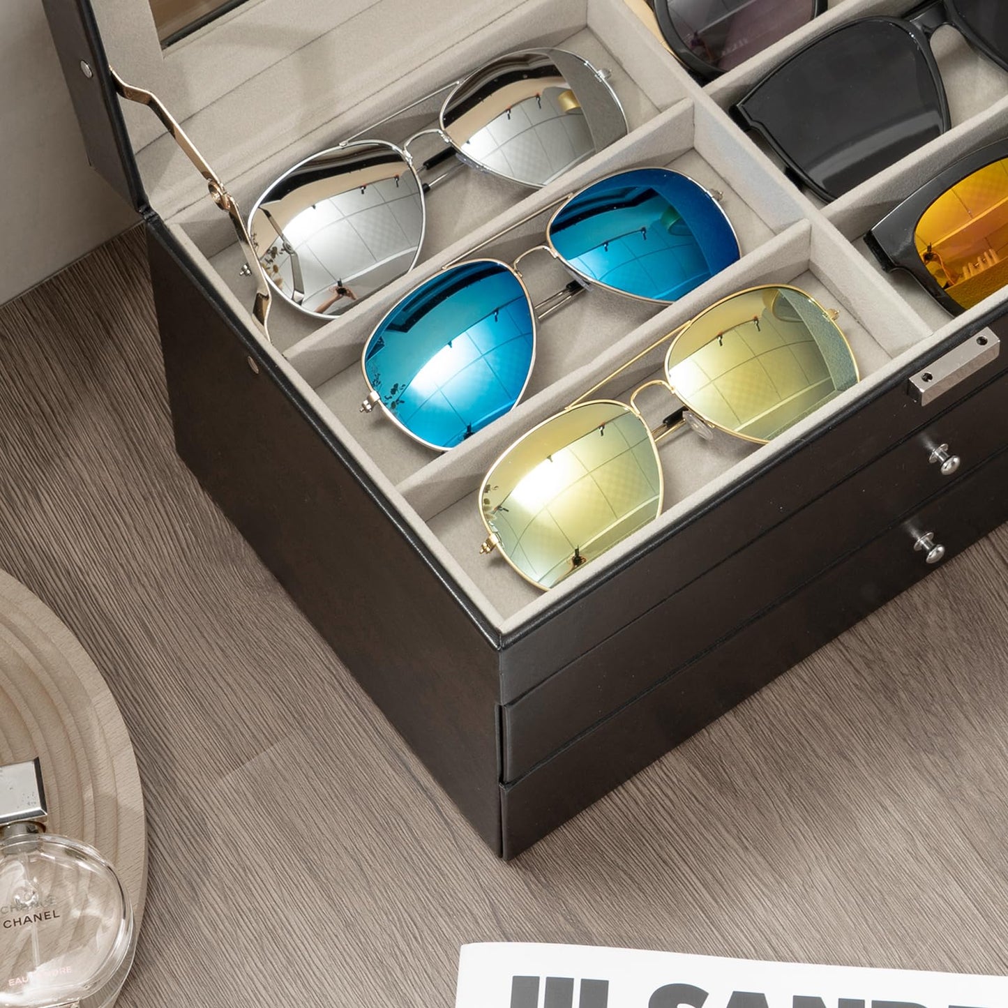 ProCase 3-layer Sunglasses Storage Organizer, 18 Slots Leather Sunglass Box Multiple Pairs Eyeglass Cases Eye Glass Eyewear Display Holder for Men Women, Valentine's Day Gift -Black