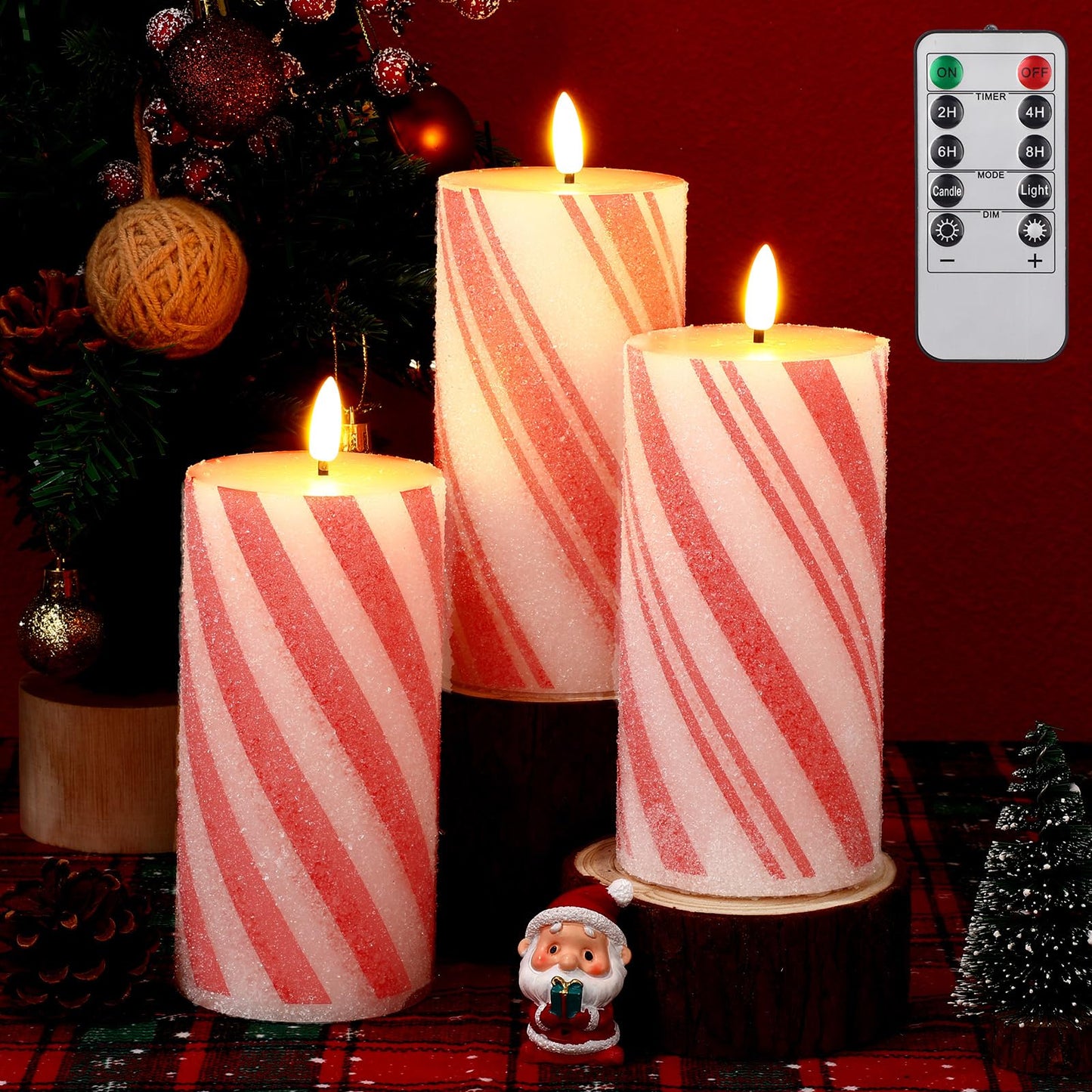 Glooglitter Set of 3 Christmas Flameless LED Candle Frosting Candy Cane Stripe Holiday Pillar Taper Moving Candles Battery Operated Flame Candle with Remote Control for Home Xmas Wedding Decoration