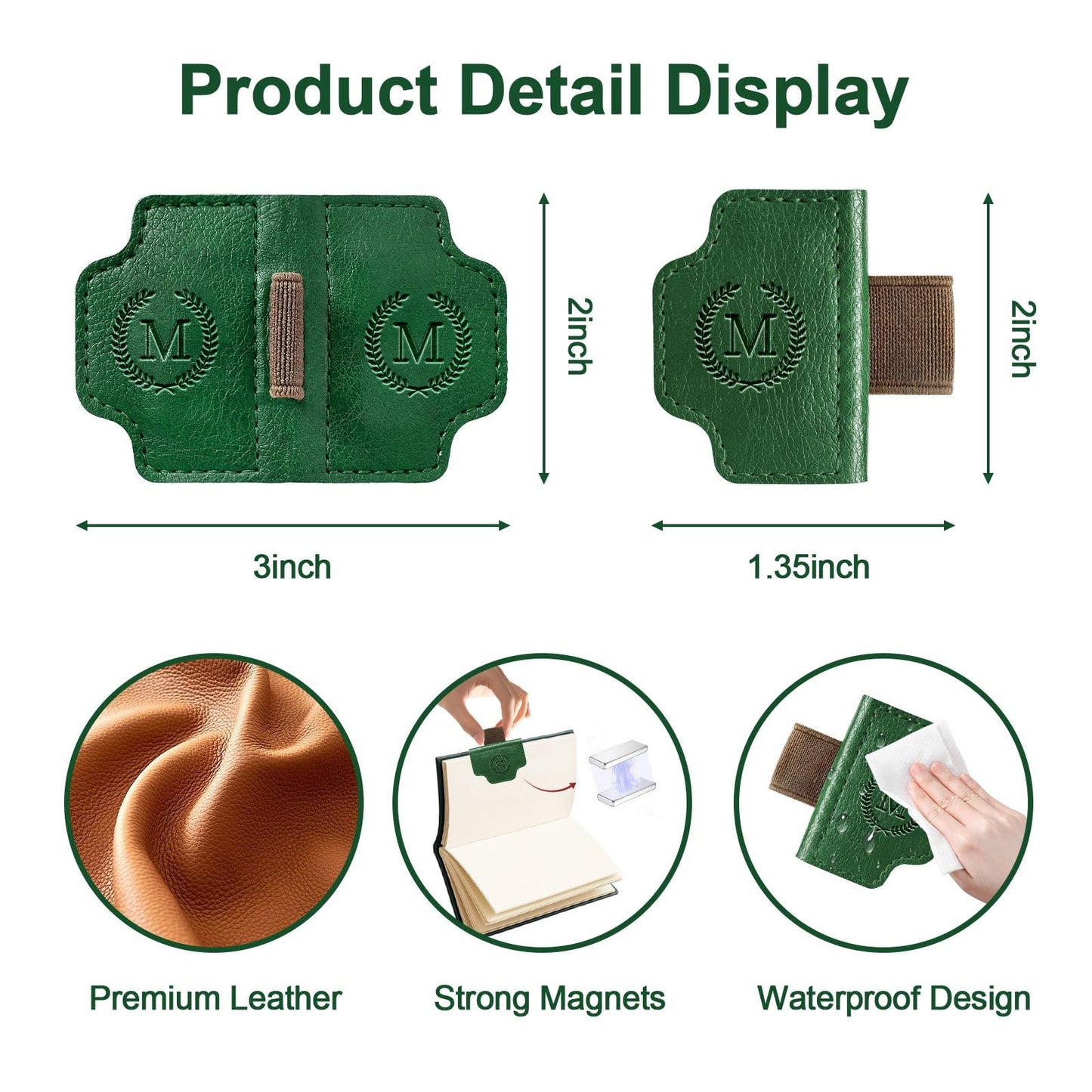 BygoneMark Magnetic Leather Bookmark with Pen Holder, Personalized Custom Initial Page Marker & Pen Clip, Professional Book Accessory for Students (Green-Cross)