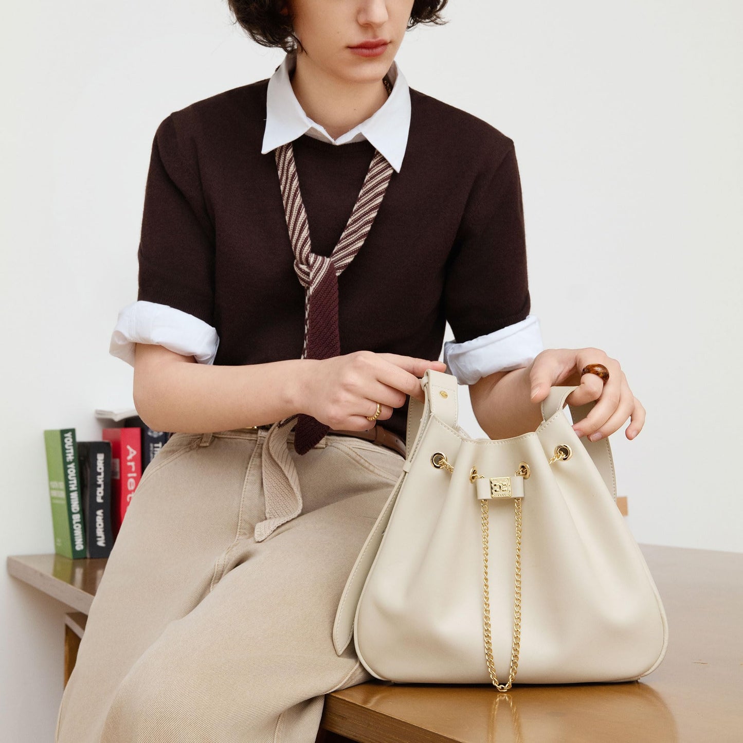ELLE Purses for Women Genuine Leather Bucket Bag Chain Drawstring