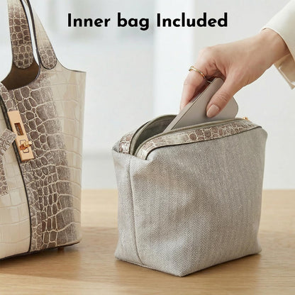 Jooniter Tote Bag for Women Vegan Leather Satchel Bags for Women Crocodile Pattern Bucket Bags Shoulder Handbag Purse Clutch Bags for Work Evening Apricot