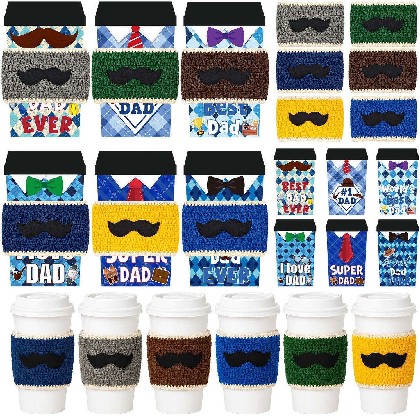 Cinrobiye Crochet Coffee Cup Sleeve Set, Father’s Day Gift Set for Dad and Grandpa, Reusable Knit Mug Cozy Covers 6 Pack with Appreciation Cards, Blue Coffee Cup Holder Gift