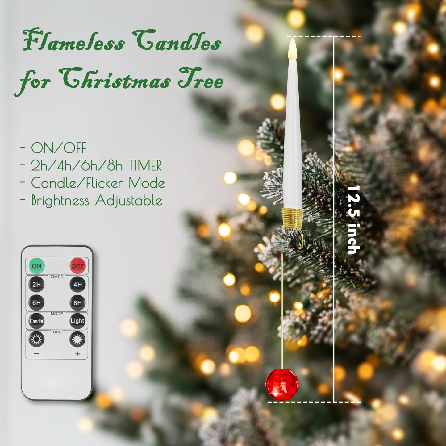 JOIONE Flameless Christmas Tree Candles with Remote, 12 Pack Battery Operated LED Candles for Christmas Tree Flickering Flame for Xmas Indoor Decor - Glass Red Crystal Ball