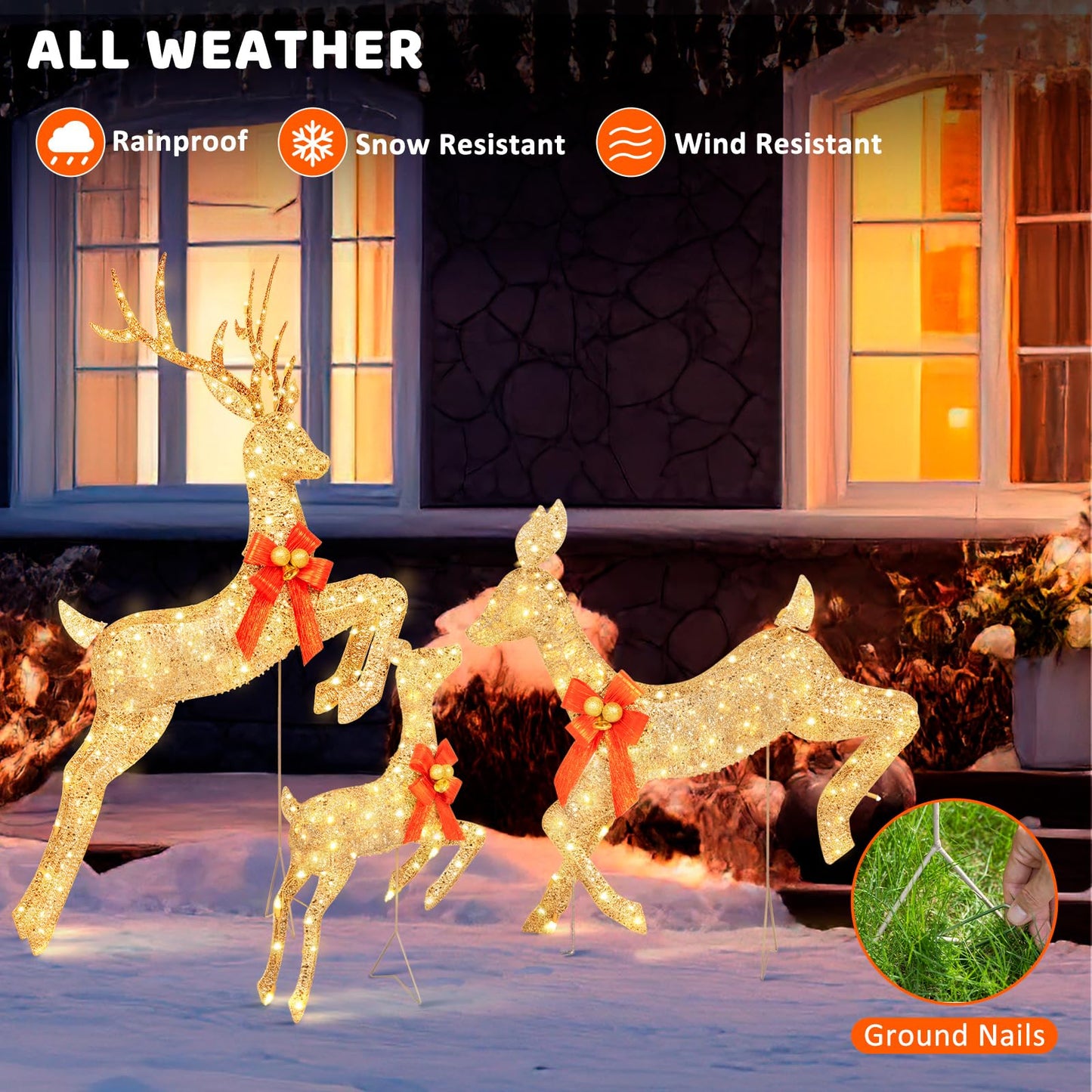 LOENIY 3-Piece Lighted Reindeer Christmas Decoration with 210 Warm White LED Lights, 5FT 3D Glittered Christmas Deer Family Set Outdoor Decorations, Plug in Deer Decor for Lawn Yard Patio Garden
