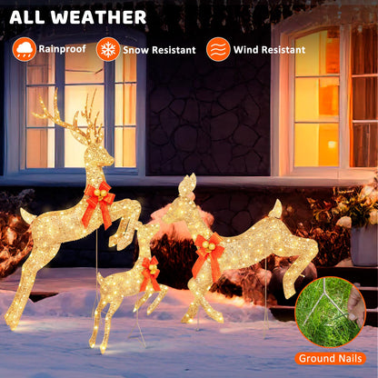 LOENIY 3-Piece Lighted Reindeer Christmas Decoration with 210 Warm White LED Lights, 5FT 3D Glittered Christmas Deer Family Set Outdoor Decorations, Plug in Deer Decor for Lawn Yard Patio Garden