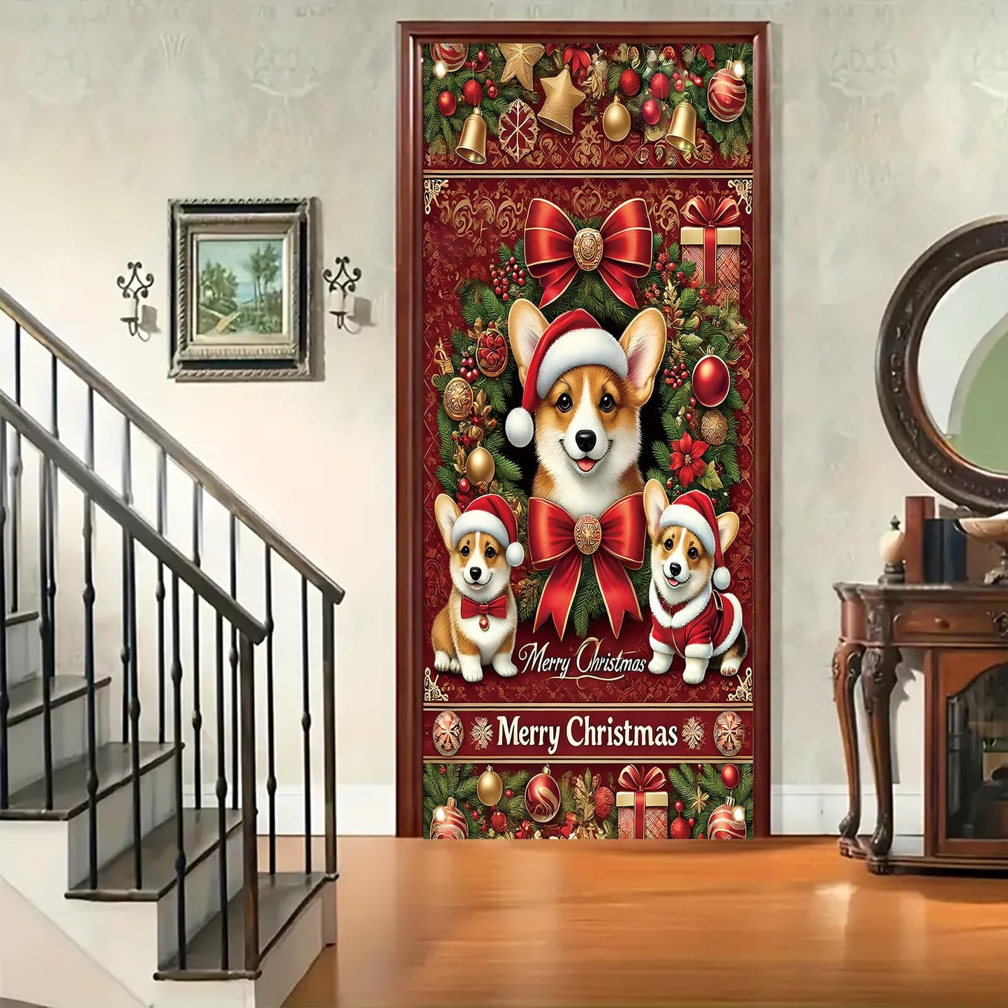 Saoplasa Christmas Corgi Door Cover Decoration 71 x 35 Inch Red Festive Banner with Cute Santa Dog Design and Holiday Wreath for Merry Christmas Wall Decor Party Welcome Backdrop Sign