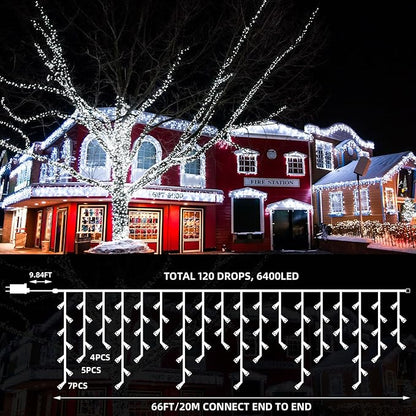 66 Ft 640 LED Christmas Icicle Lights Extra Long 8 Modes Waterproof Icicle String Light with 120 Drops, Fairy Hanging Lights Decor with Remote for Xmas Wedding Indoor Outdoor Cold White