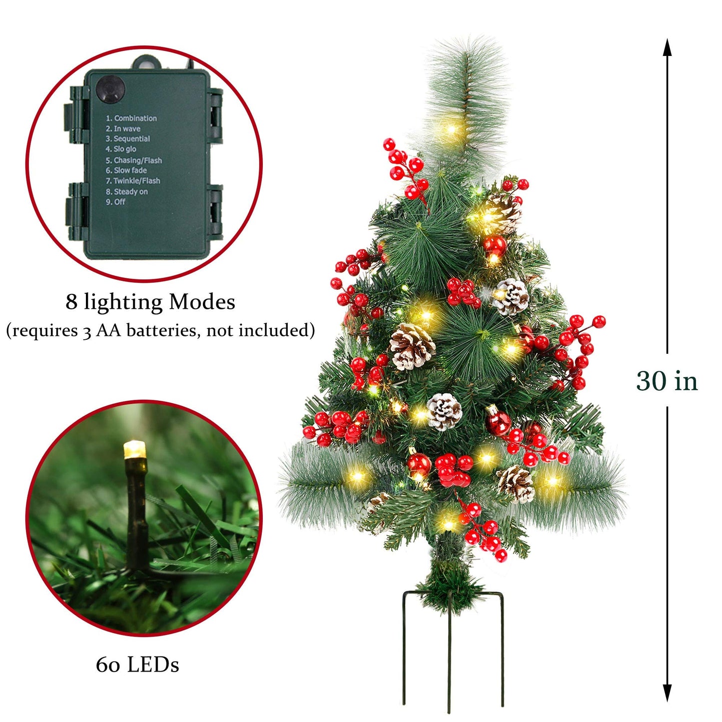 FORUP Set of 2 30 Inch Pre-Lit Pathway Christmas Trees Urn Filler, Outdoor Christmas Tree Decorations for Porch, Driveway, Yard, Garden, with 60 LED Lights, Red Berries, Pine Cones, Red Ball Ornaments