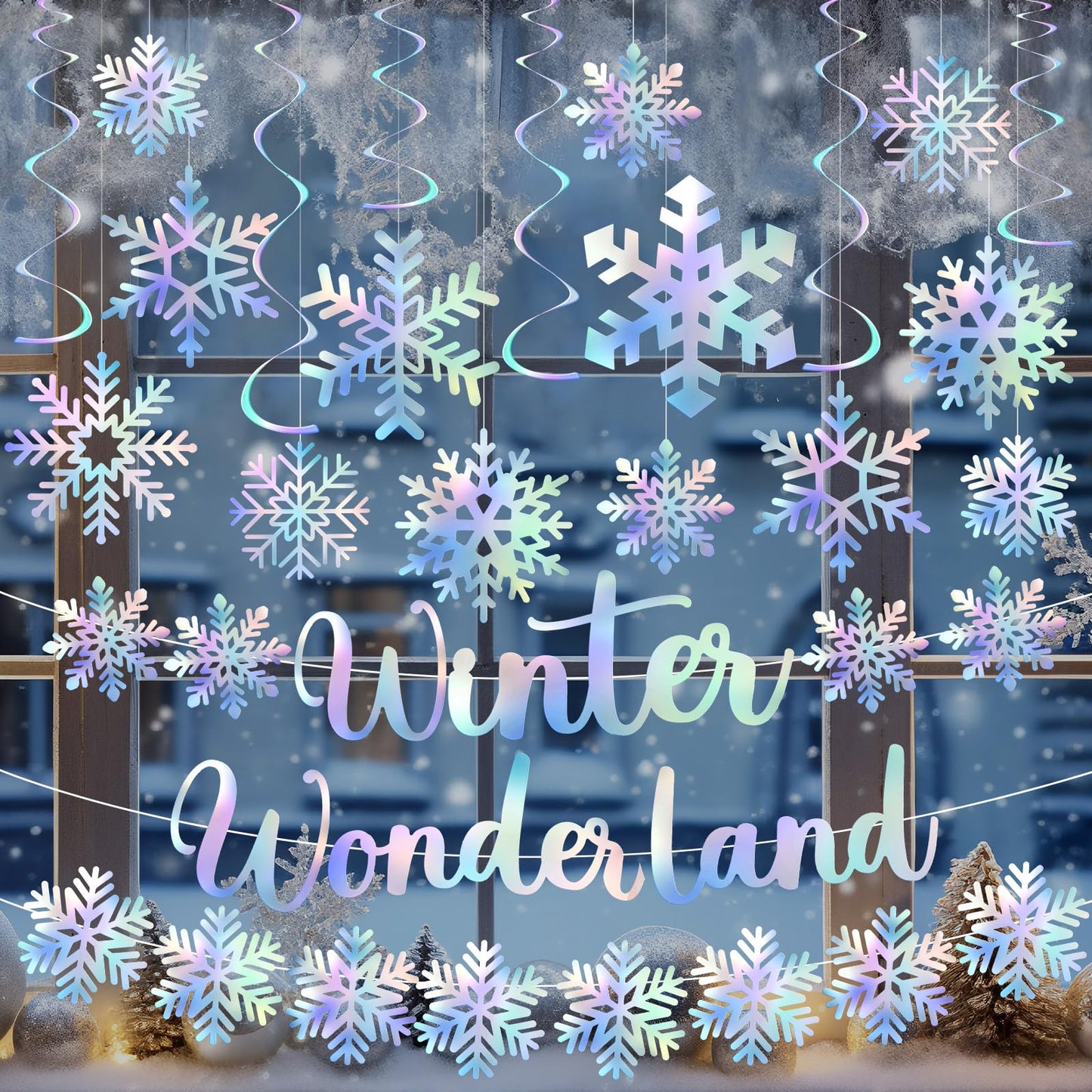 Pinkunn Winter Wonderland Party Decoration Iridescent Decoration Hanging Snowflake Garland Ornaments Iridescent Glitter Paper Spiral Banners for Holiday Birthday Home Party Decor
