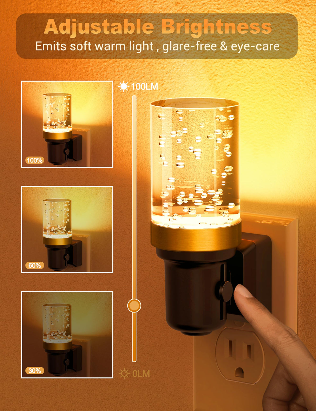 JandCase LED Night Light, Dimmable Night Lights Plug into Wall, Modern Nightlight with Auto On Off Light Sensor, 3000K Soft White Night Light 0-100LM Brightness for Bathroom Hallway Bedroom Decor