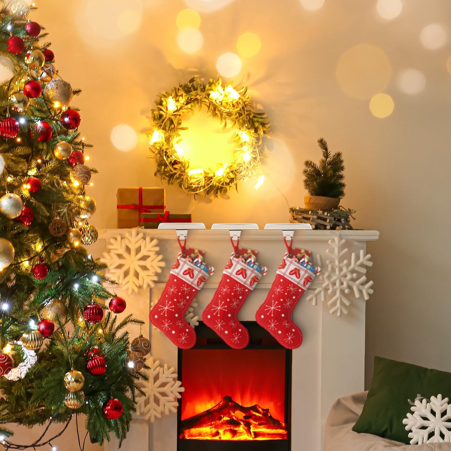 Liengoron 4PCS Christmas Stocking Holders for Mantle Stocking Hangers for Mantle Metal Fireplace Stocking Hooks with Non-Slip Base Christmas Ornaments for Christmas Holiday Party Decoration Silver