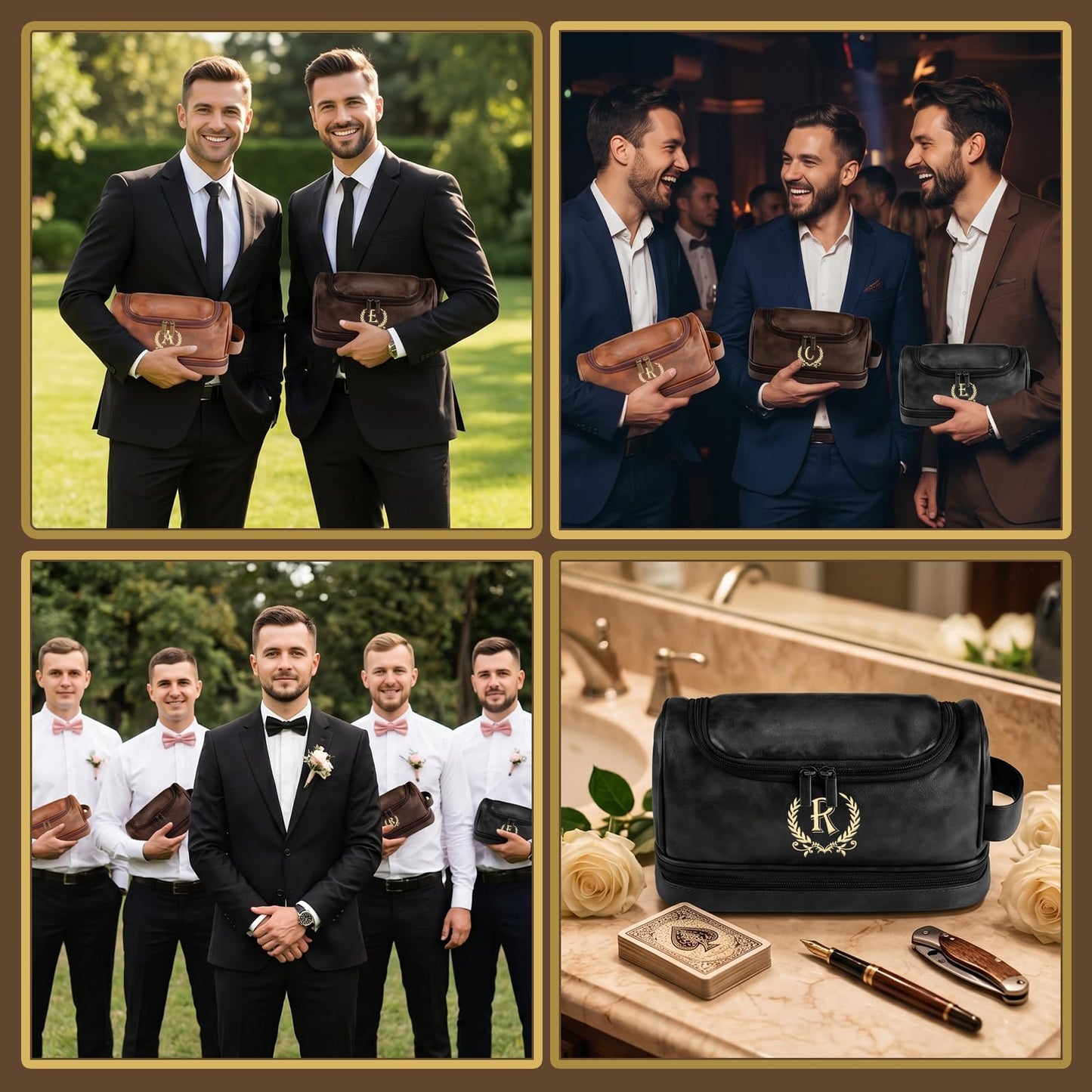Groomsmen Gifts for Men Travel Toiletry Bag, Personalized Leather Toiletry Bag with Handle & Hook, Water Resistant Shaving Kit Bag for Wedding Party Bachelor Party Favors Bestman Gifts（C）