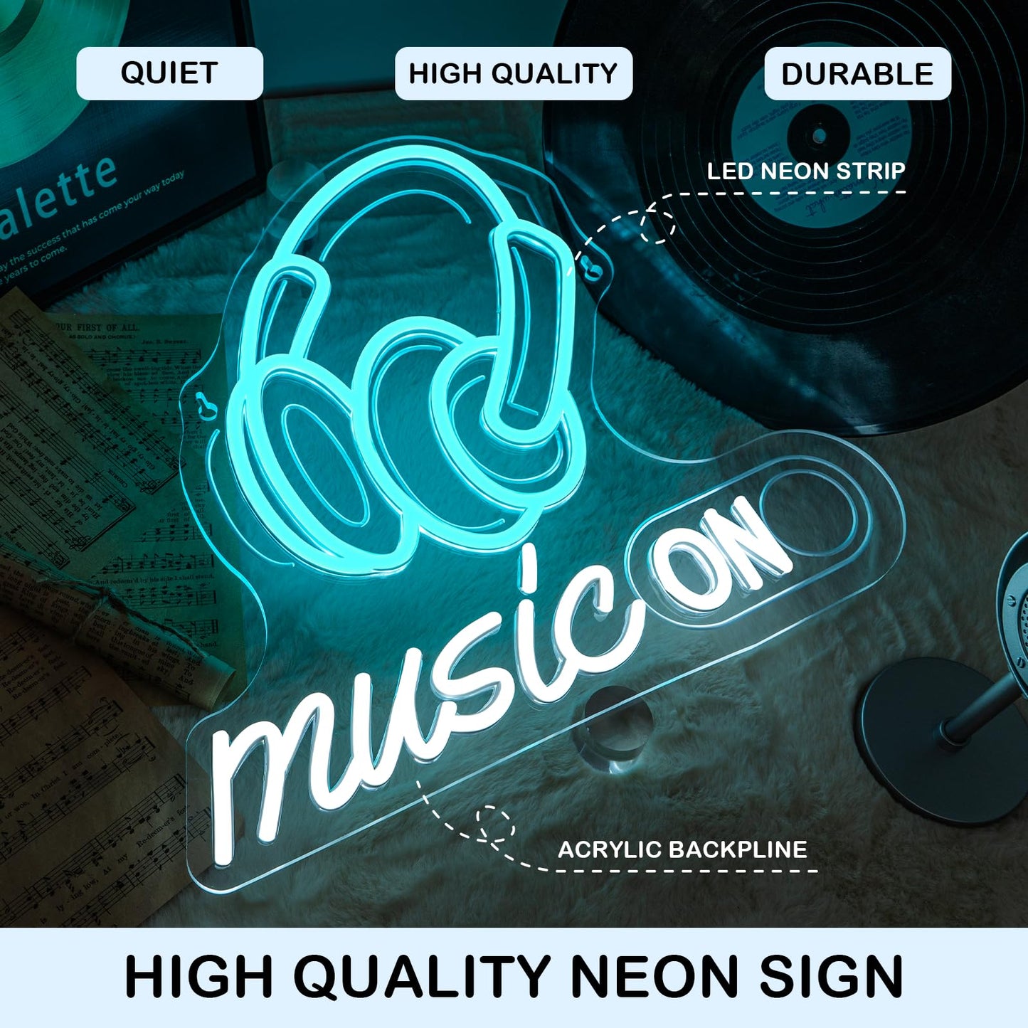 Horseneon Music On Neon Sign Rhythmic LED Wall Decor for DJ Studios, Music Rooms & Gamer Setups, USB-Powered with Adjustable Brightness, Headphones Design